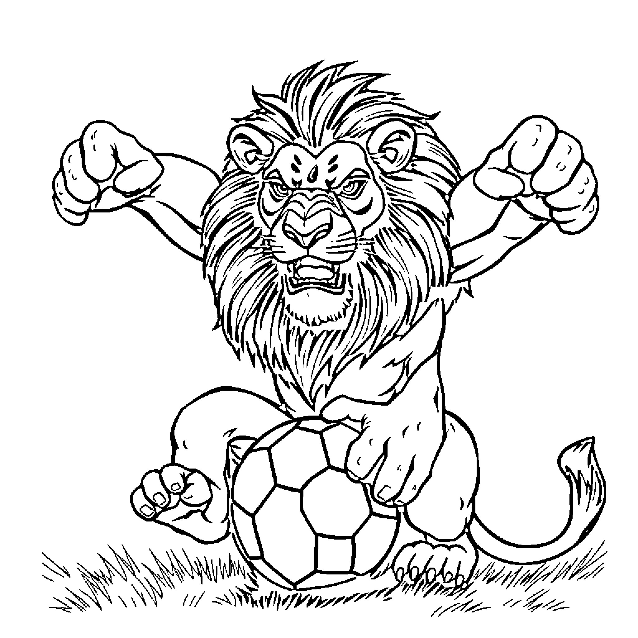 Lion Ready to Pounce with Soccer Ball Coloring Page (free black-and-white line drawing printable PDF for all, from beginners to advanced learners, including children, teens, adults, and seniors)