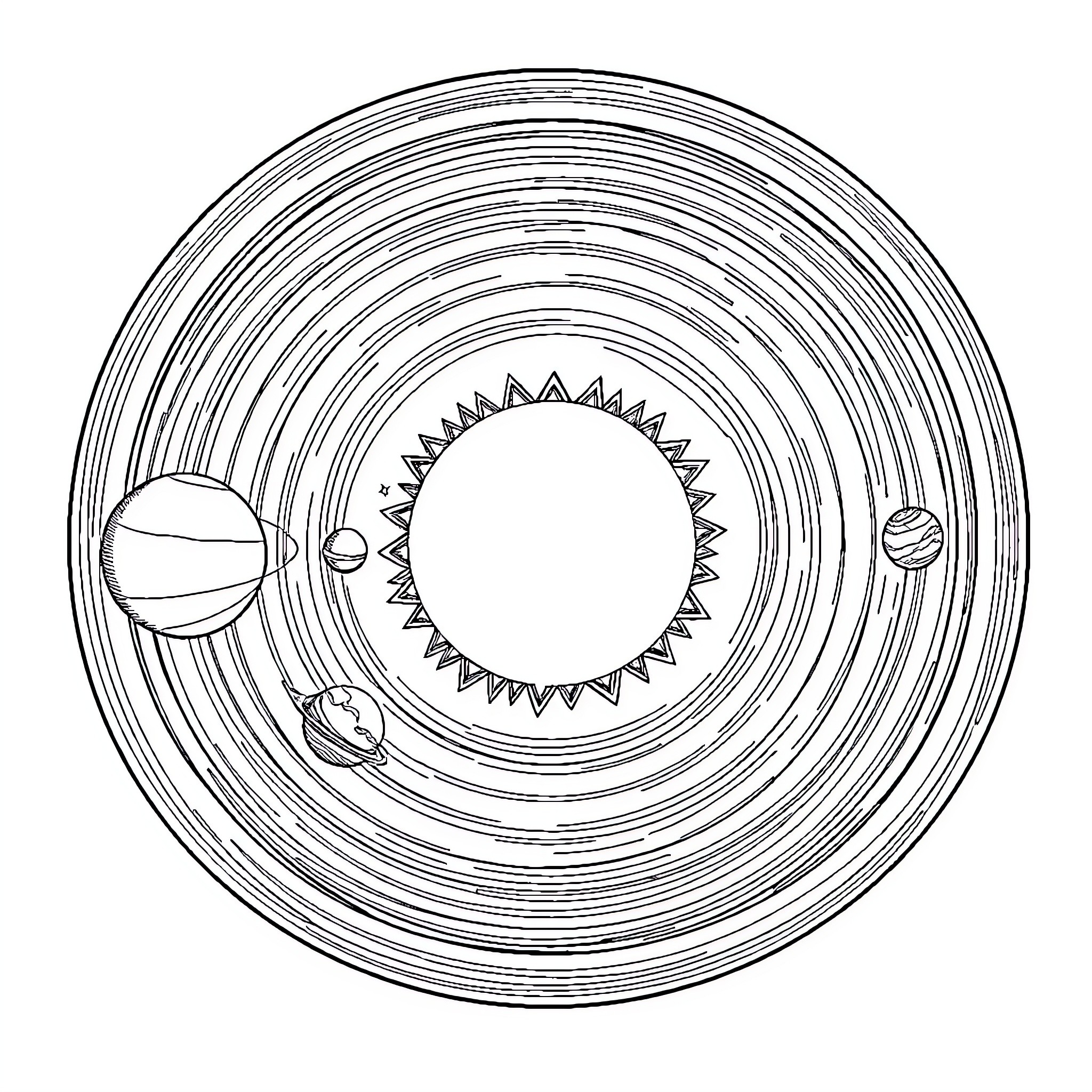 Solar System Planets Orbiting the Sun Coloring Page (free black-and-white line drawing printable PDF for all, from beginners to advanced learners, including children, teens, adults, and seniors)