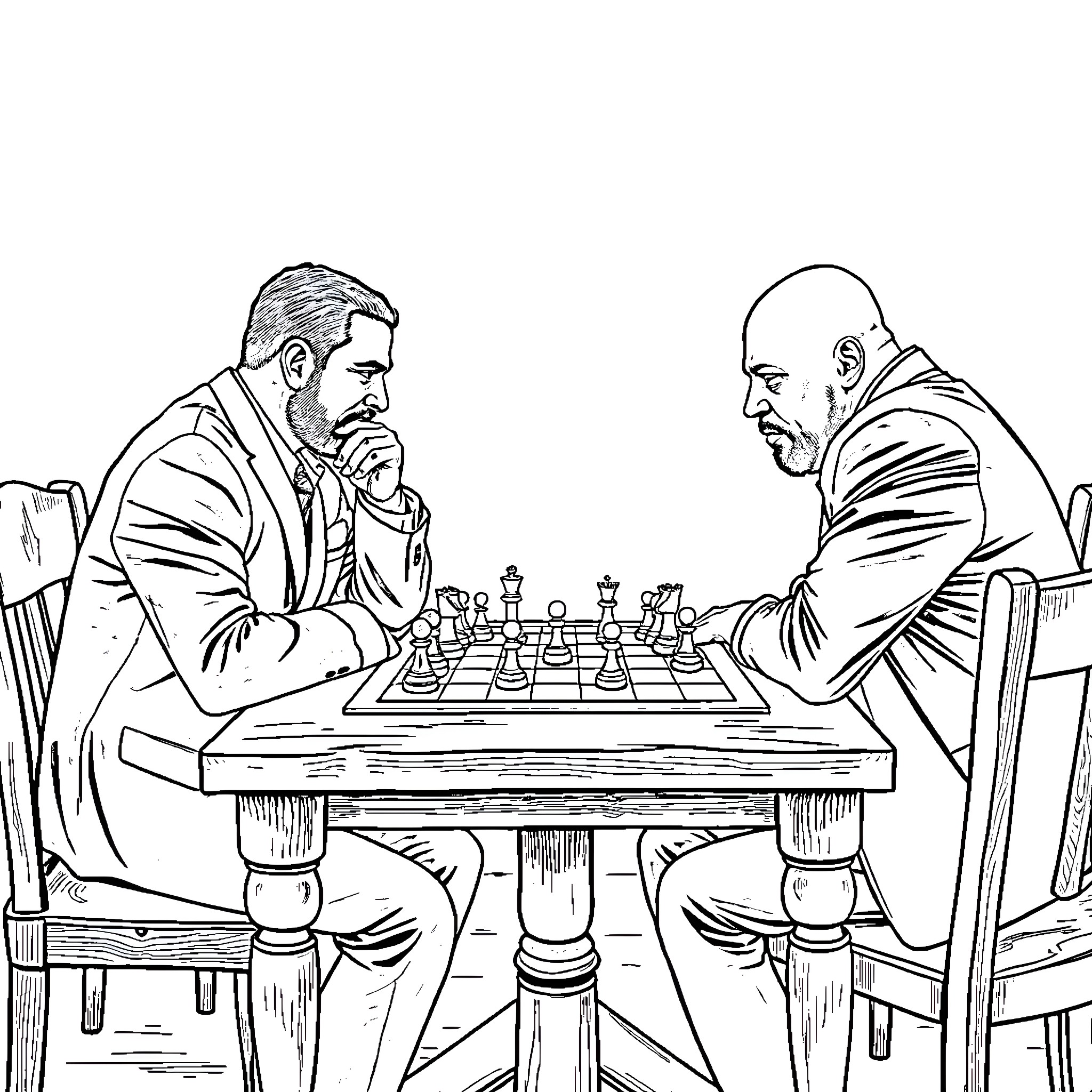 Edd and His Chess Companion Engaged in Intense Match Coloring Page (free black-and-white line drawing printable PDF for all, from beginners to advanced learners, including children, teens, adults, and seniors)