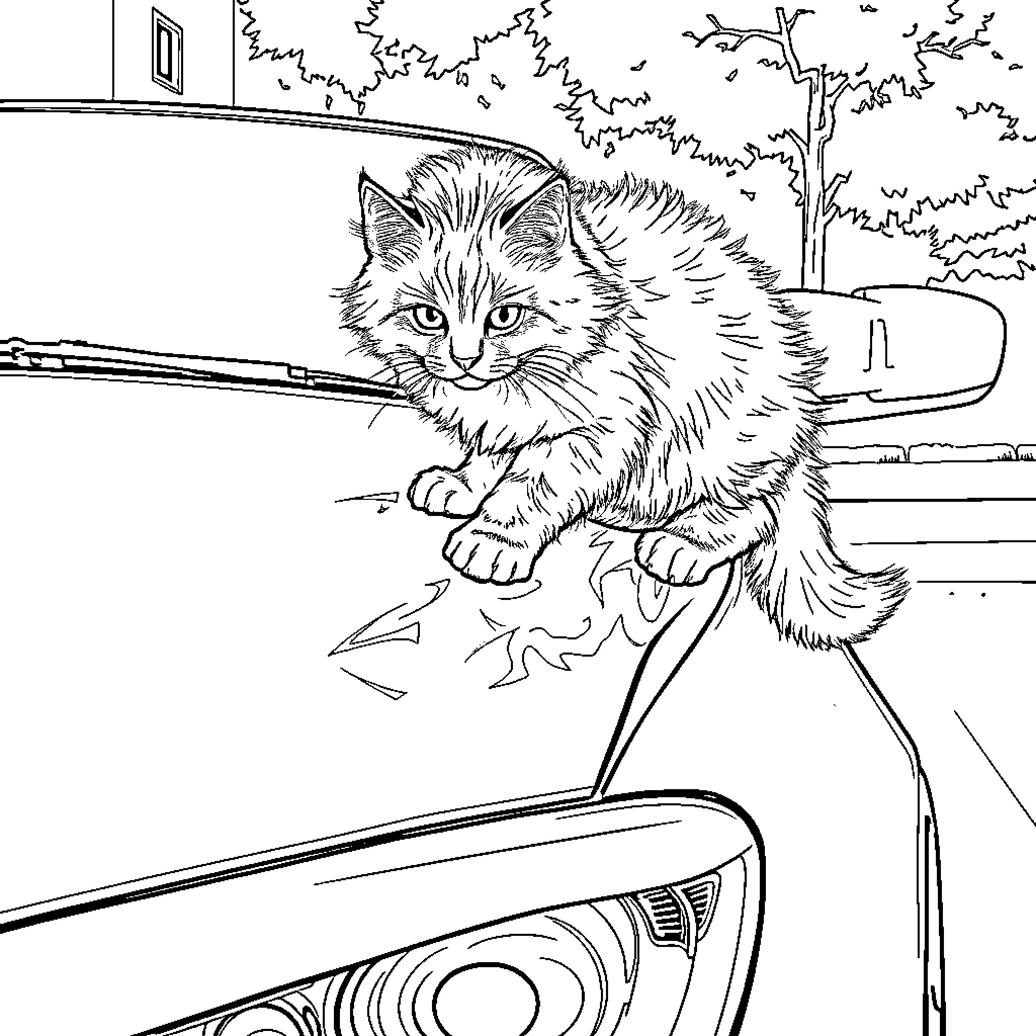 Cat exploring a car in the driveway Coloring Page (free black-and-white line drawing printable PDF for all, from beginners to advanced learners, including children, teens, adults, and seniors)