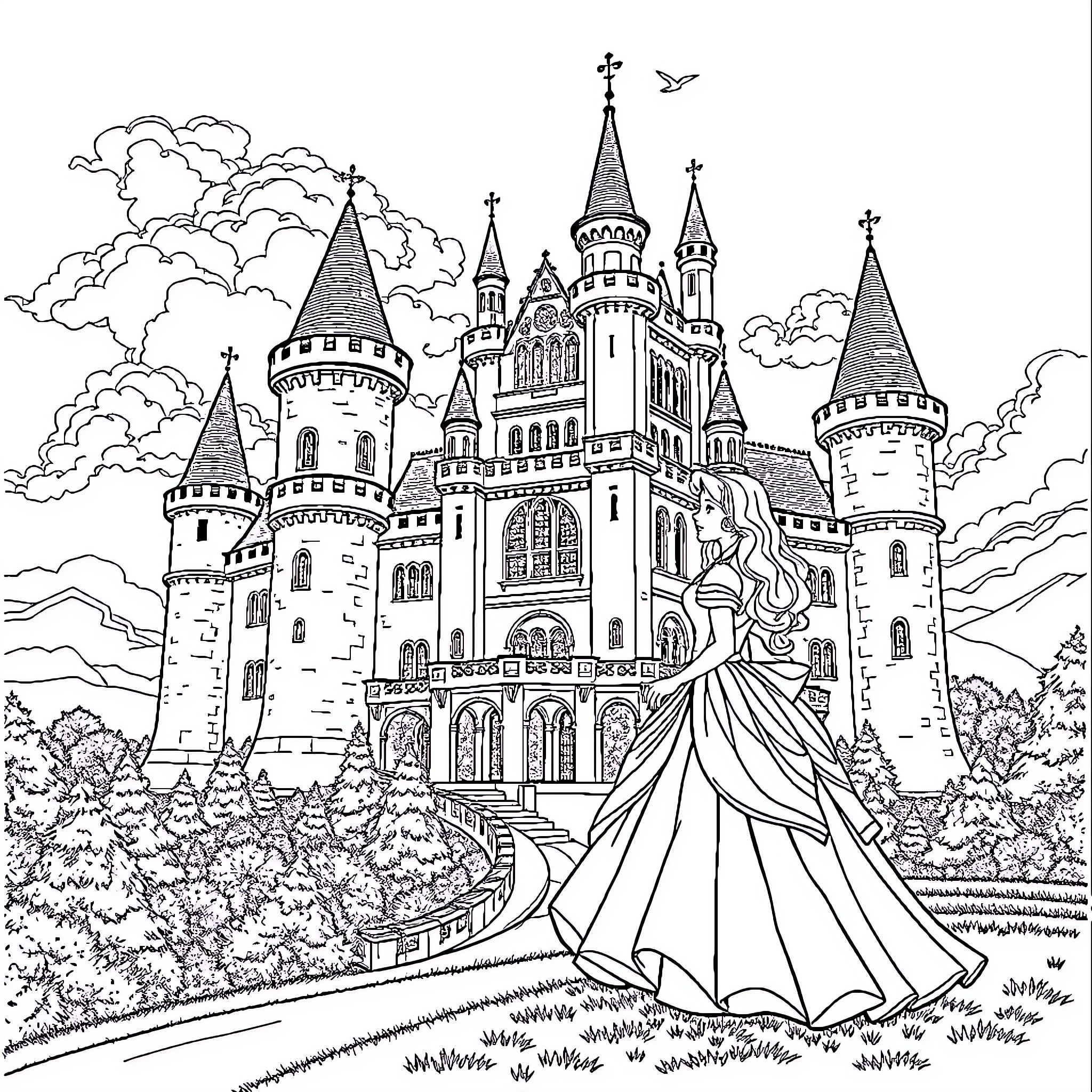 Castle and Princess Enjoying a Fairytale Landscape Coloring Page (free black-and-white line drawing printable PDF for all, from beginners to advanced learners, including children, teens, adults, and seniors)