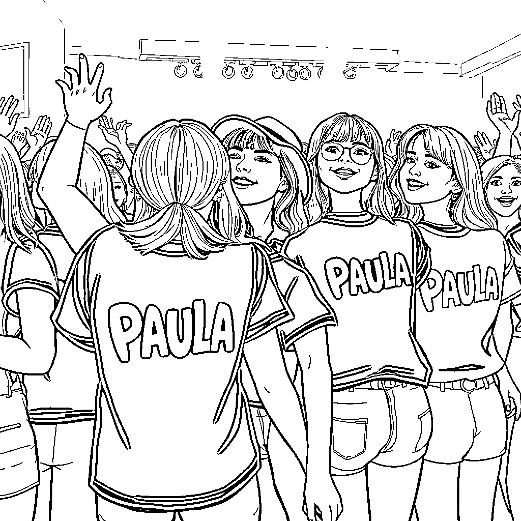 K Pop Style Group Celebration with Cheers and Gestures Coloring Page (free black-and-white line drawing printable PDF for all, from beginners to advanced learners, including children, teens, adults, and seniors)
