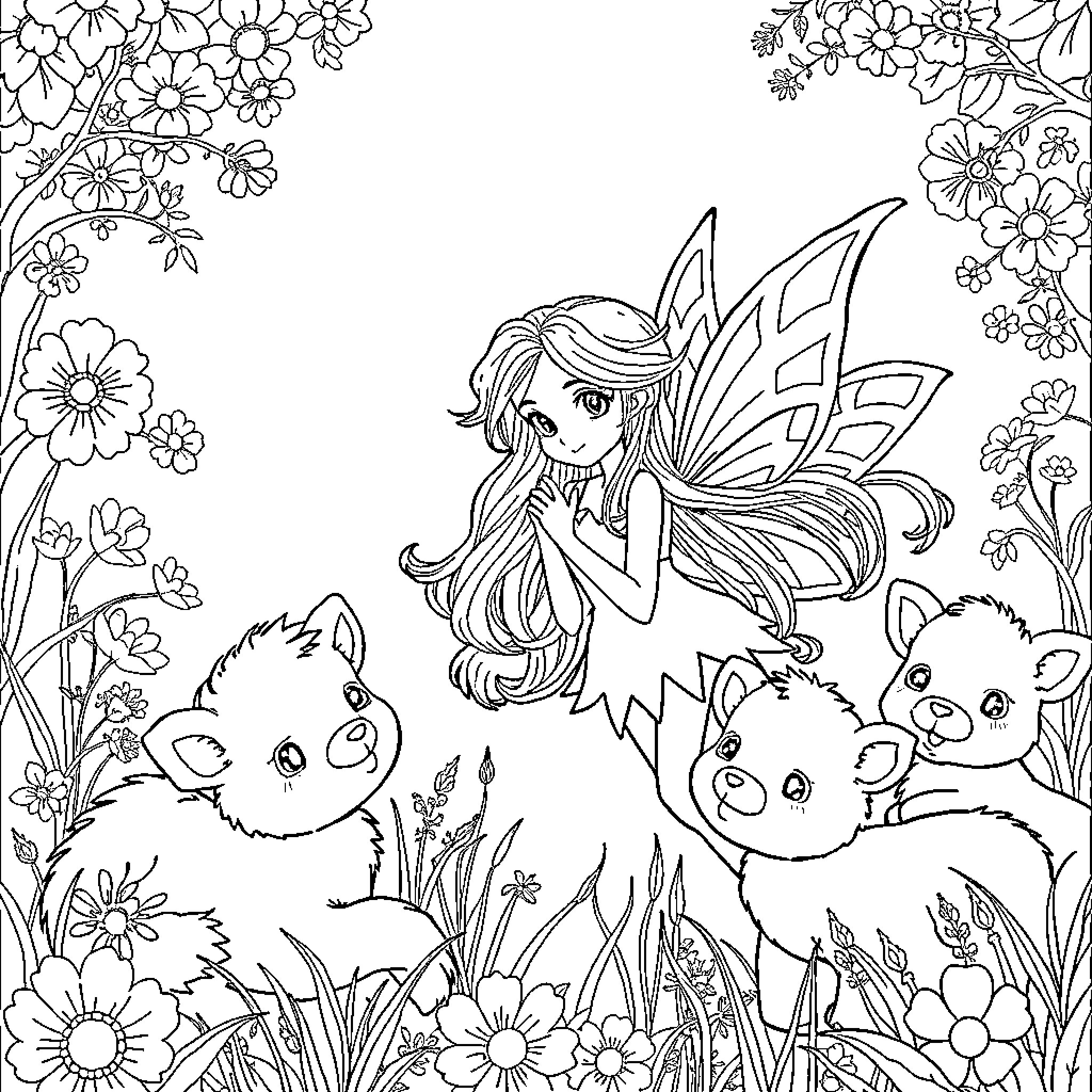 Fee and the Playful Critters in a Floral Wonderland Coloring Page (free black-and-white line drawing printable PDF for all, from beginners to advanced learners, including children, teens, adults, and seniors)
