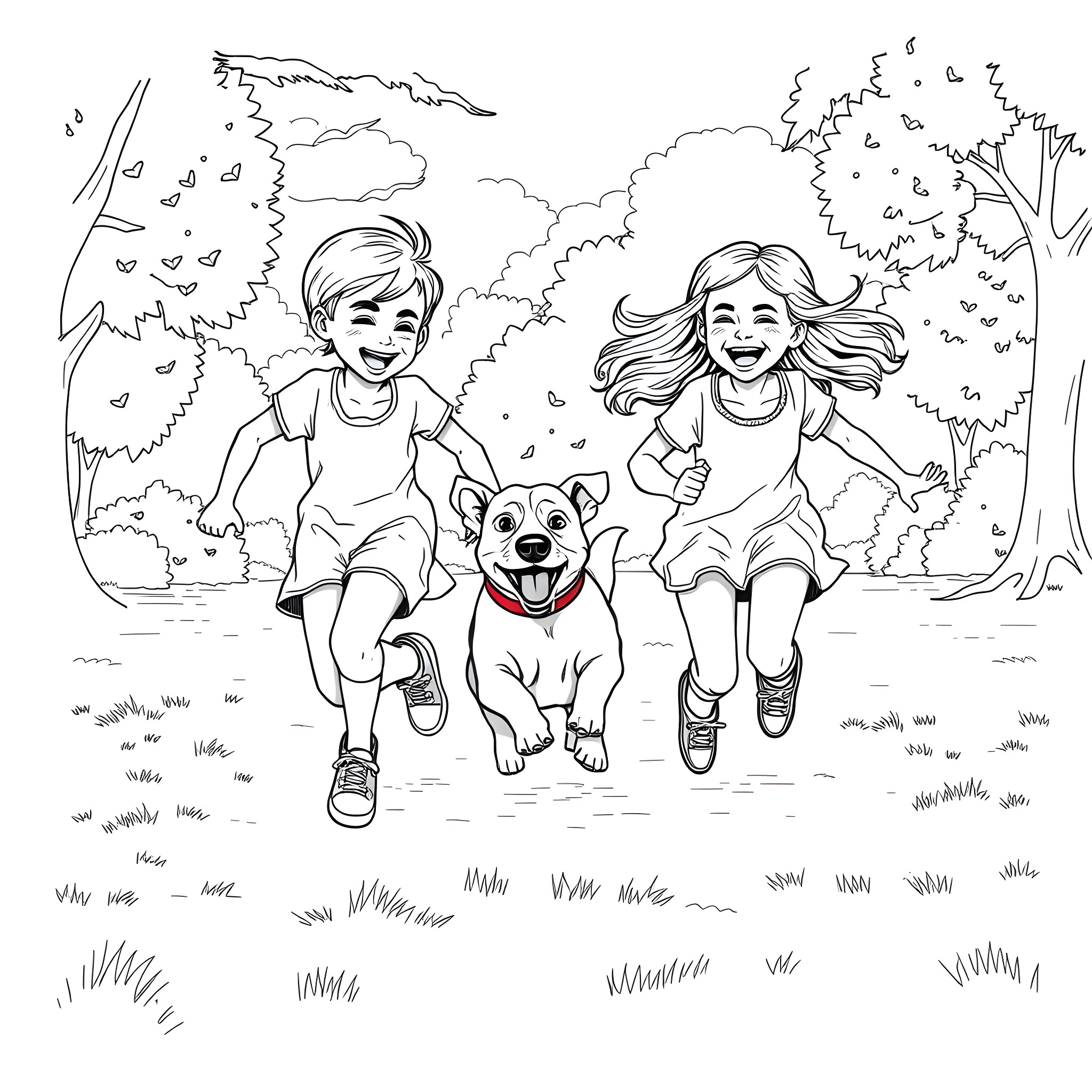 Twin siblings playing with dog in the park Coloring Page (free black-and-white line drawing printable PDF for all, from beginners to advanced learners, including children, teens, adults, and seniors)