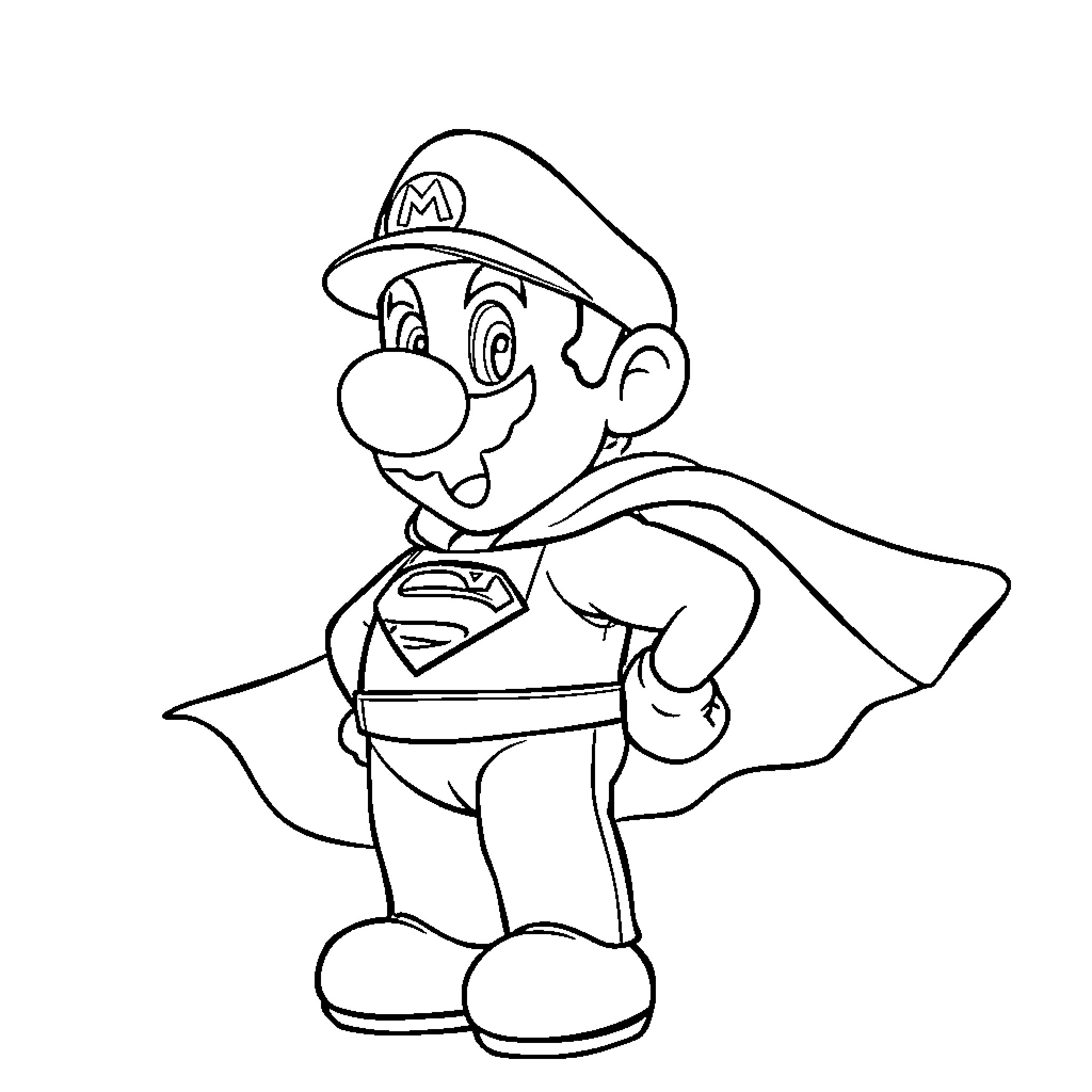 Mario as a Superhero Coloring Page (free black-and-white line drawing printable PDF for all, from beginners to advanced learners, including children, teens, adults, and seniors)