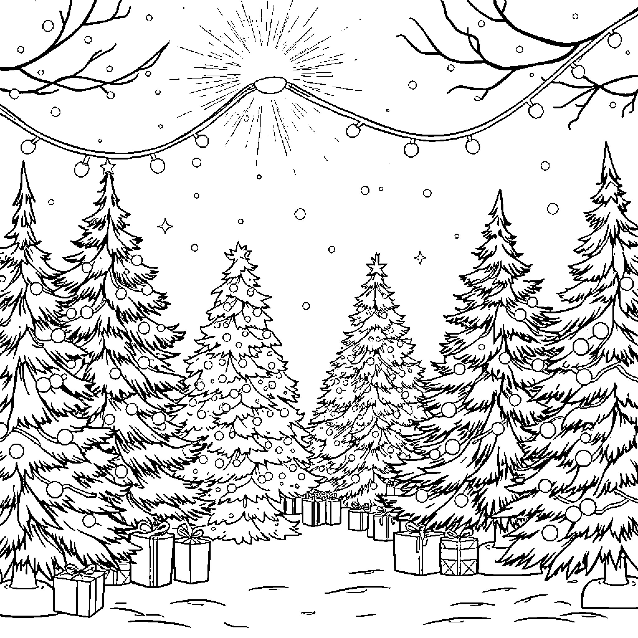 Christmas Wonderland: Festive Fir Trees and Glittering Skies Coloring Page (free black-and-white line drawing printable PDF for all, from beginners to advanced learners, including children, teens, adults, and seniors)