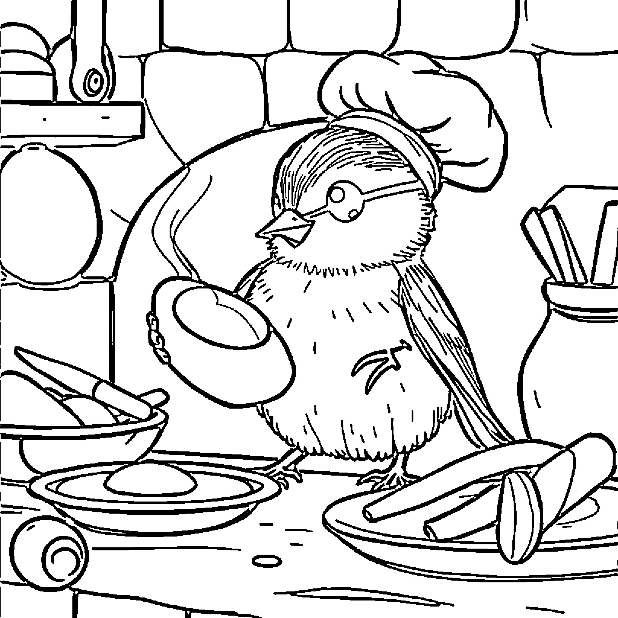 Mouse cooking delicious meals in the kitchen Coloring Page (free black-and-white line drawing printable PDF for all, from beginners to advanced learners, including children, teens, adults, and seniors)