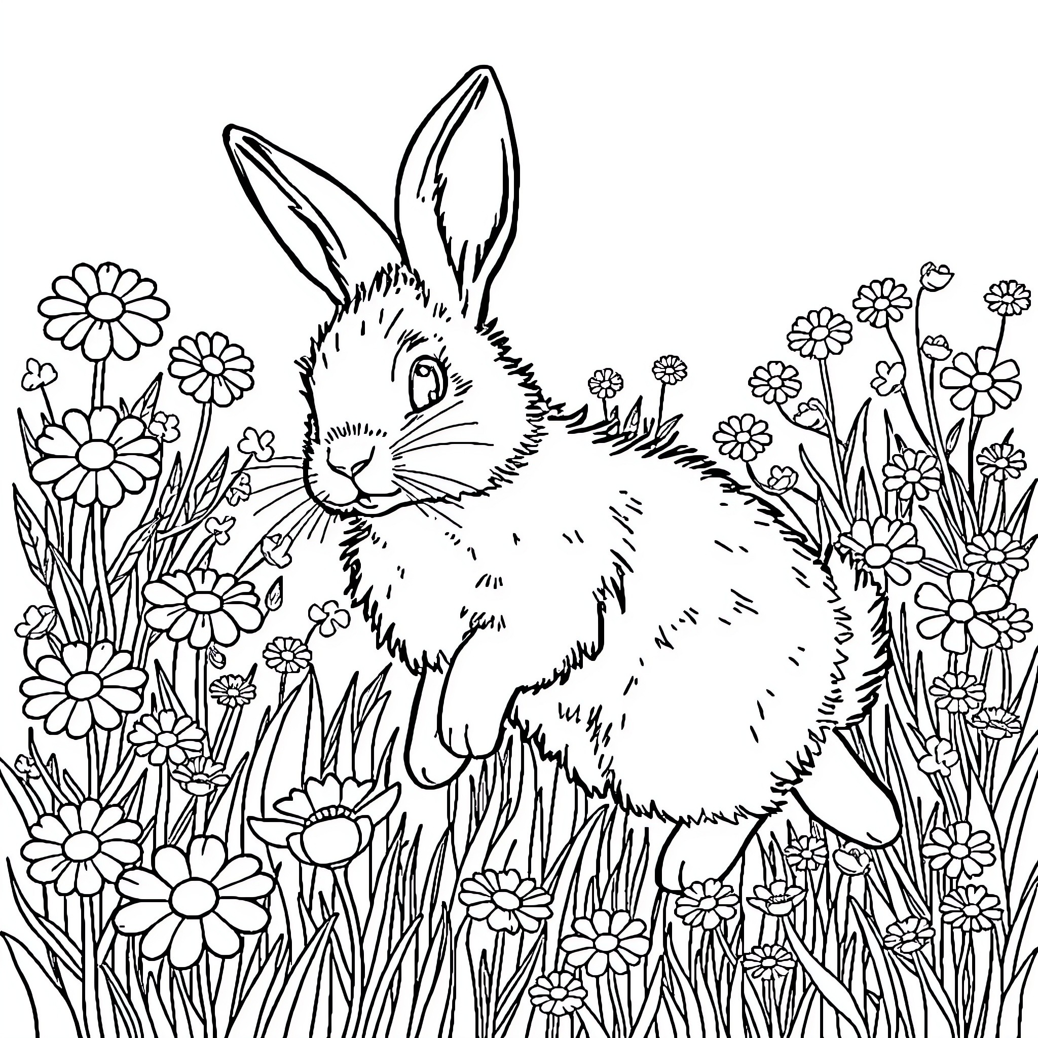 Bunny hopping amidst flowering meadow Coloring Page (free black-and-white line drawing printable PDF for all, from beginners to advanced learners, including children, teens, adults, and seniors)