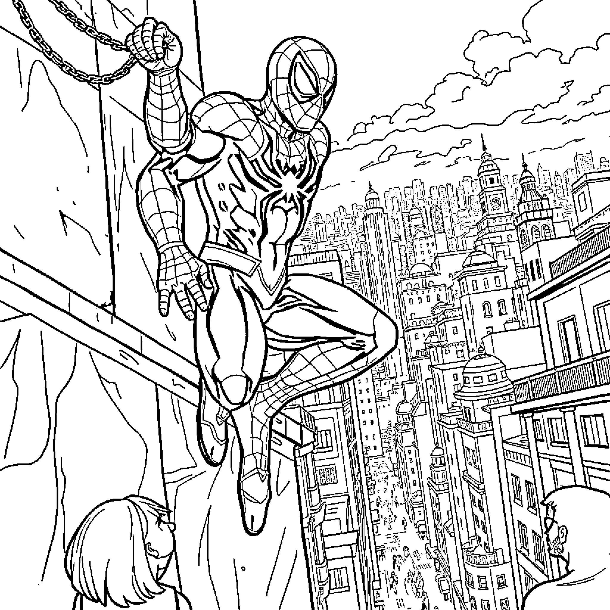 Luchador superhero swinging into action in the city Coloring Page (free black-and-white line drawing printable PDF for all, from beginners to advanced learners, including children, teens, adults, and seniors)