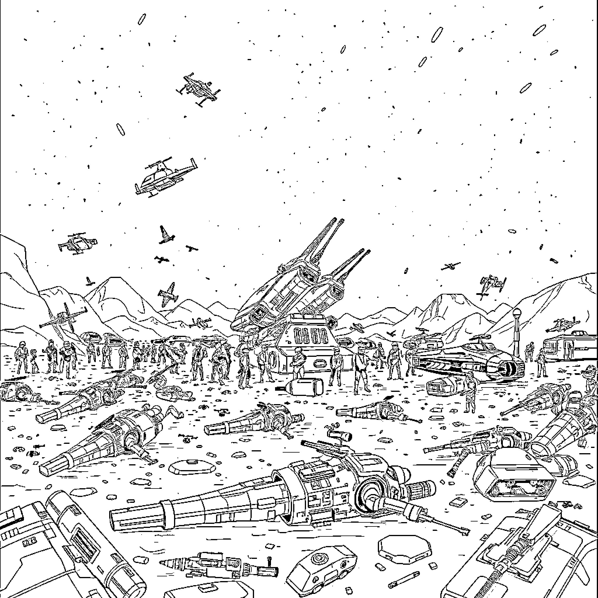 Star Wars: Epic Battle Amid Debris and Destruction Coloring Page (free black-and-white line drawing printable PDF for all, from beginners to advanced learners, including children, teens, adults, and seniors)