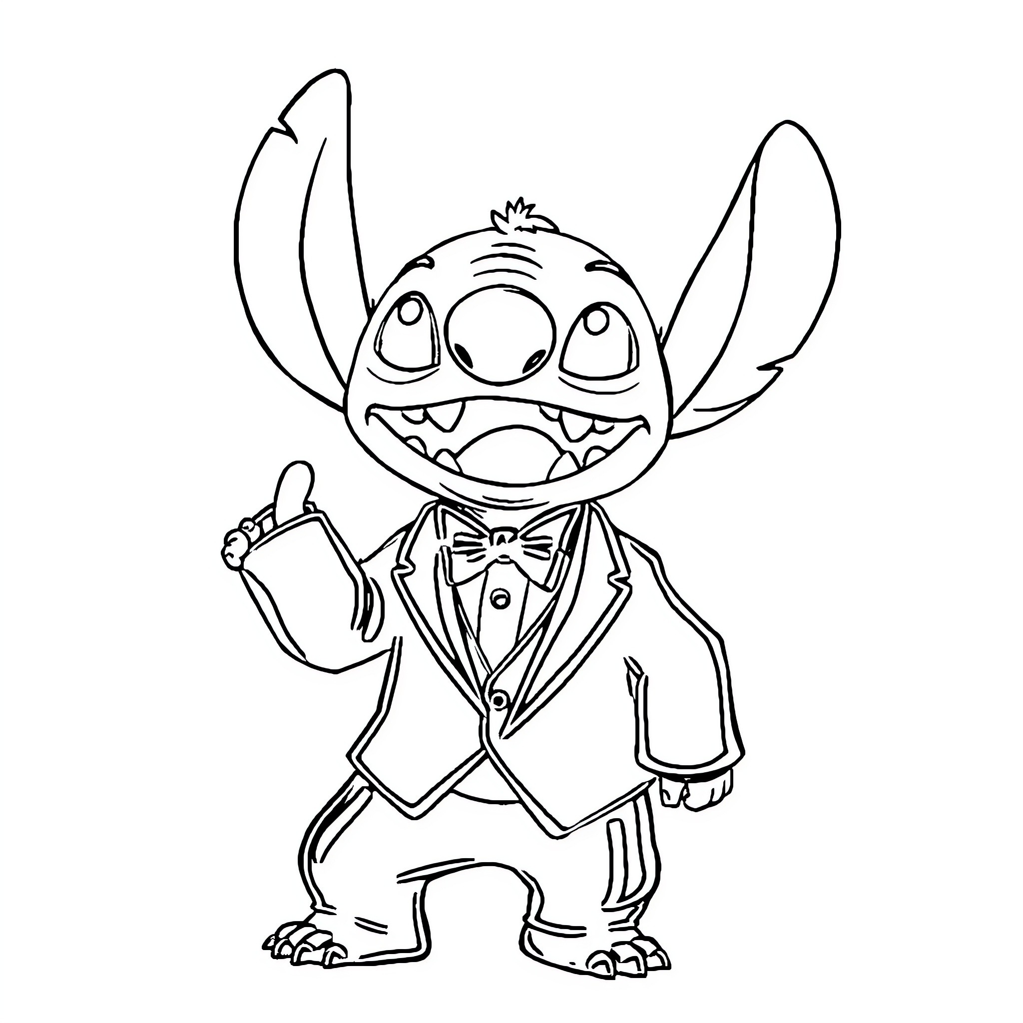 Stitch dressed in formal attire and smiling Coloring Page (free black-and-white line drawing printable PDF for all, from beginners to advanced learners, including children, teens, adults, and seniors)