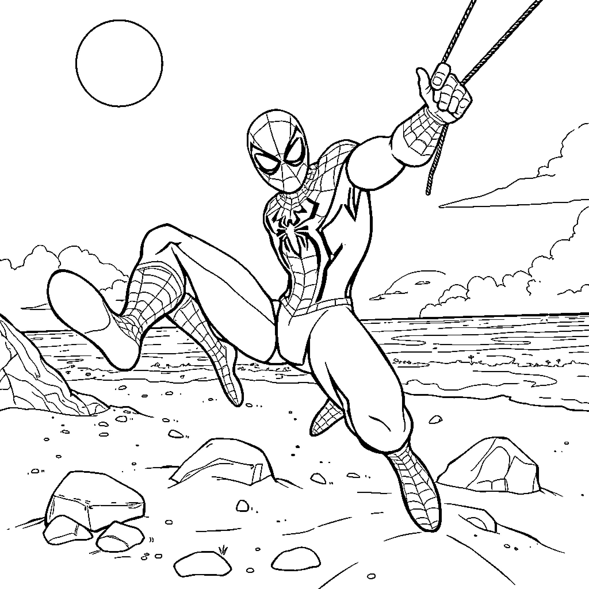 Spider-Man swinging through the city skyline Coloring Page (free black-and-white line drawing printable PDF for all, from beginners to advanced learners, including children, teens, adults, and seniors)
