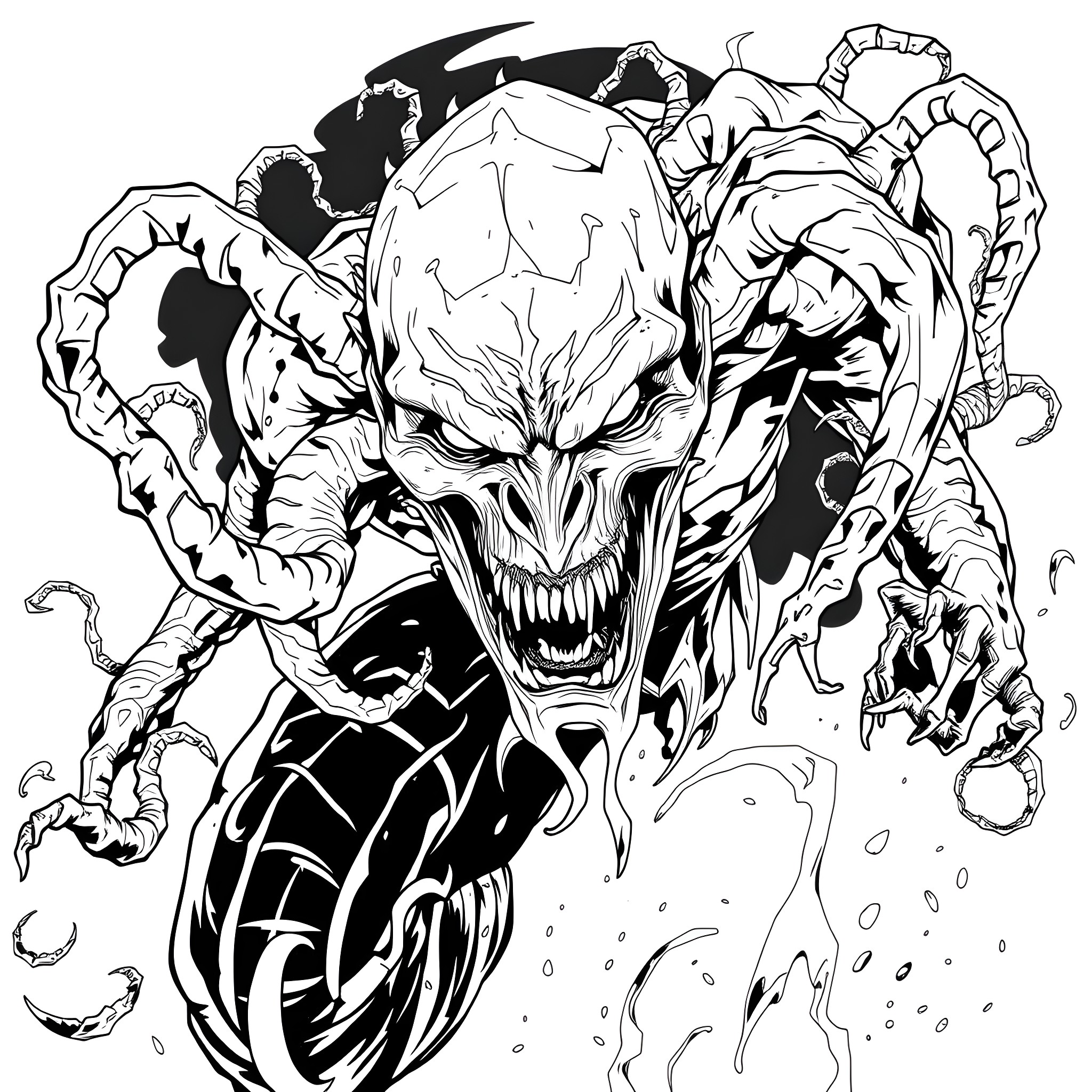 Bizarnage: Terrifying Demonic Creature's Carnage Coloring Page (free black-and-white line drawing printable PDF for all, from beginners to advanced learners, including children, teens, adults, and seniors)
