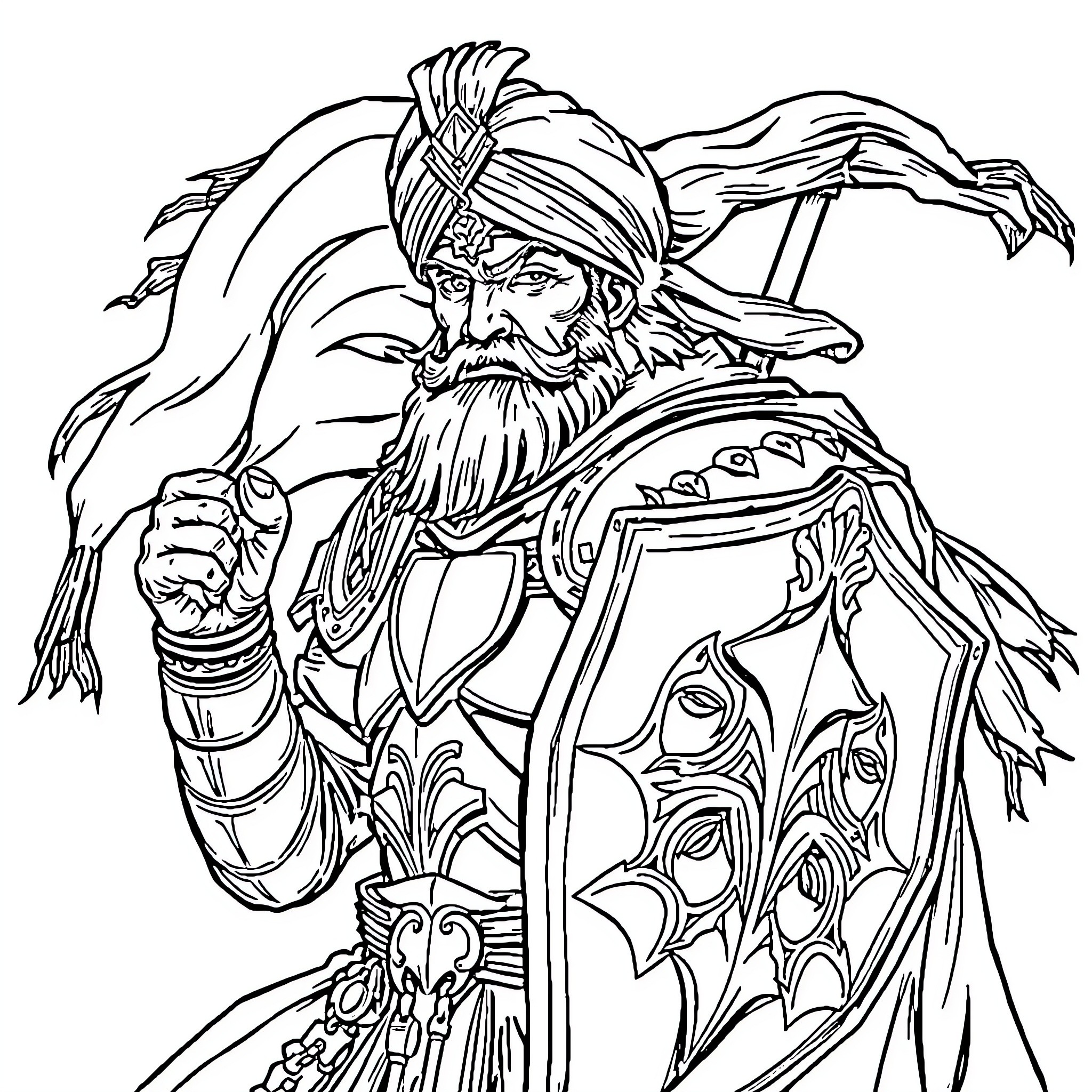 Sikh Warrior with Ornate Armor and Fierce Expression Coloring Page (free black-and-white line drawing printable PDF for all, from beginners to advanced learners, including children, teens, adults, and seniors)