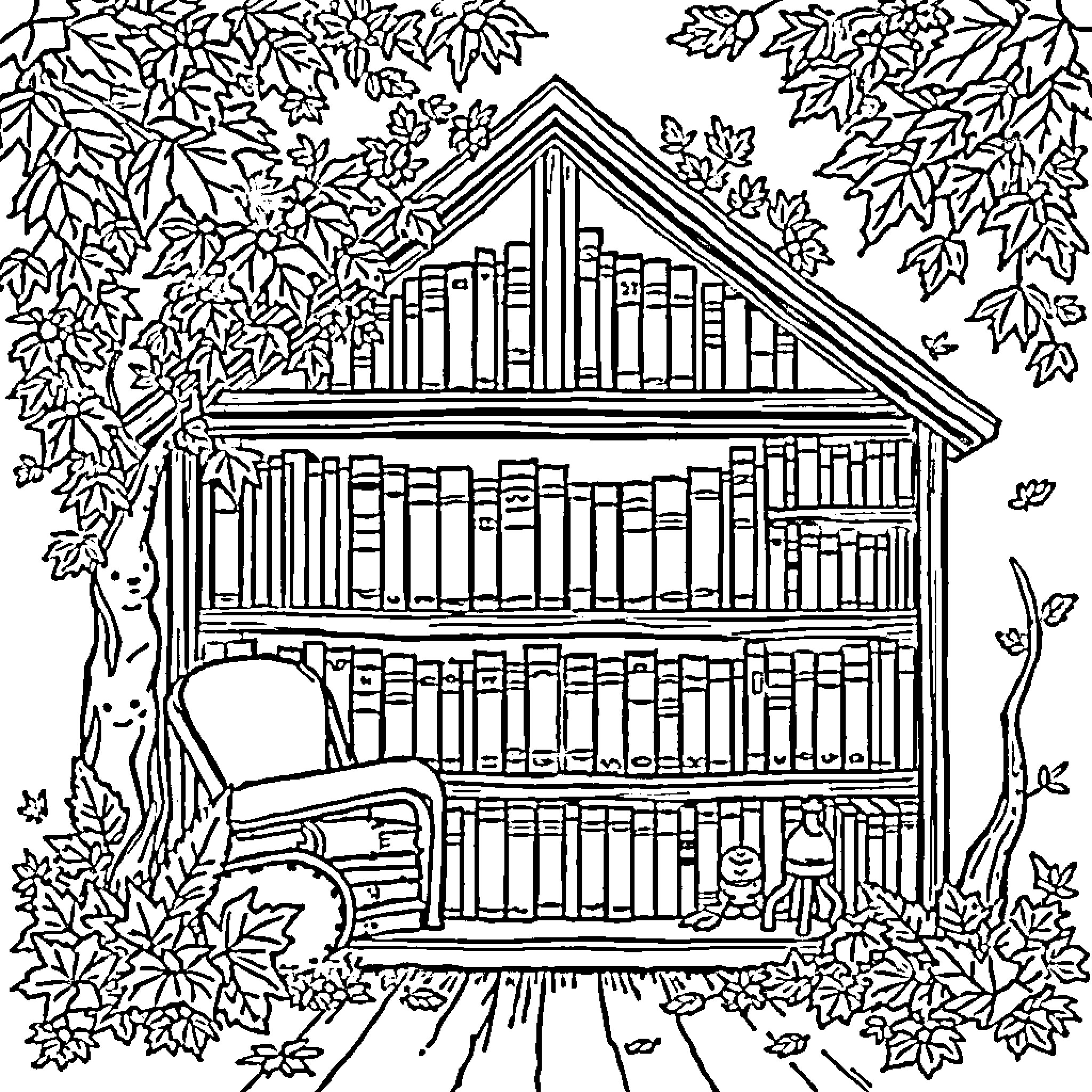 Library with Autumn Leaves and Cozy Reading Nook Coloring Page (free black-and-white line drawing printable PDF for all, from beginners to advanced learners, including children, teens, adults, and seniors)