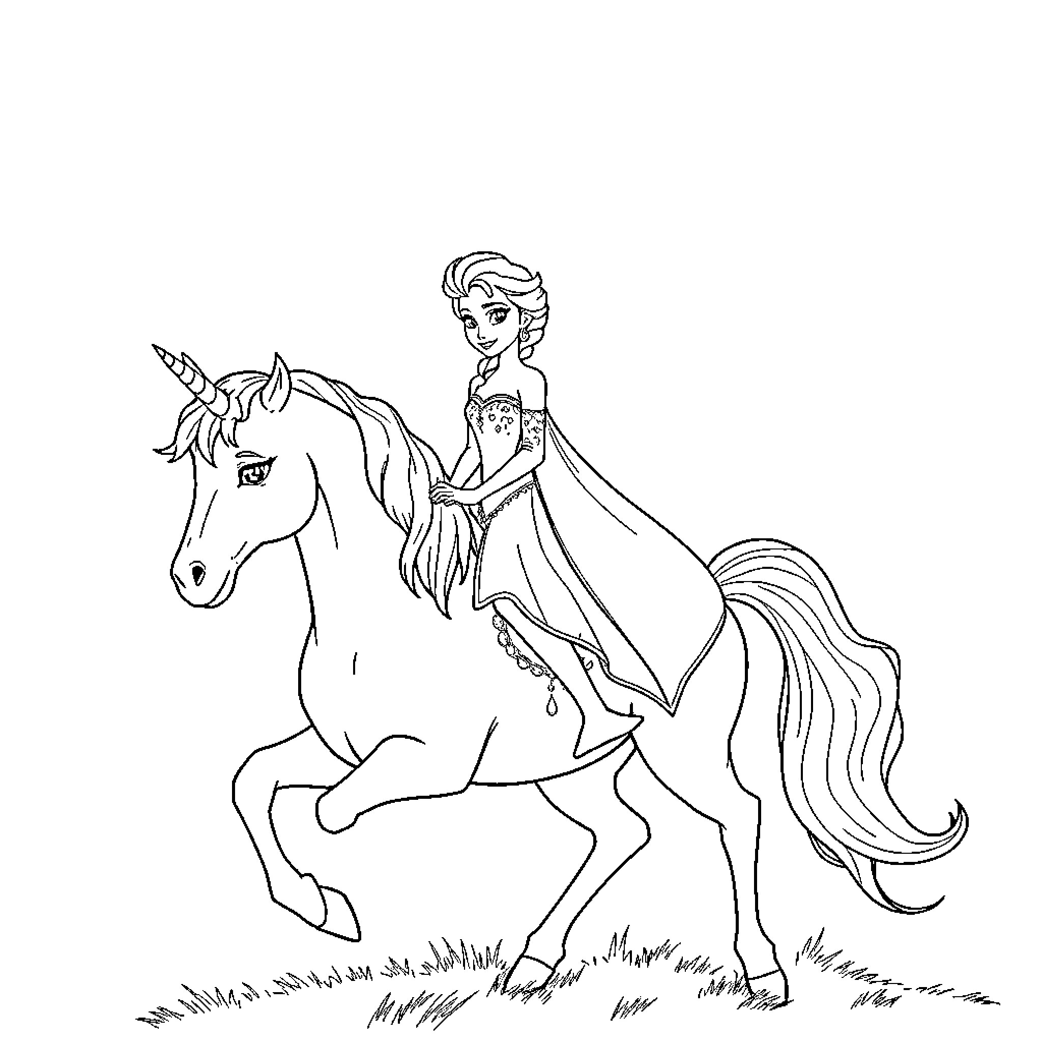 Elsa riding a majestic unicorn in enchanted forest Coloring Page (free black-and-white line drawing printable PDF for all, from beginners to advanced learners, including children, teens, adults, and seniors)