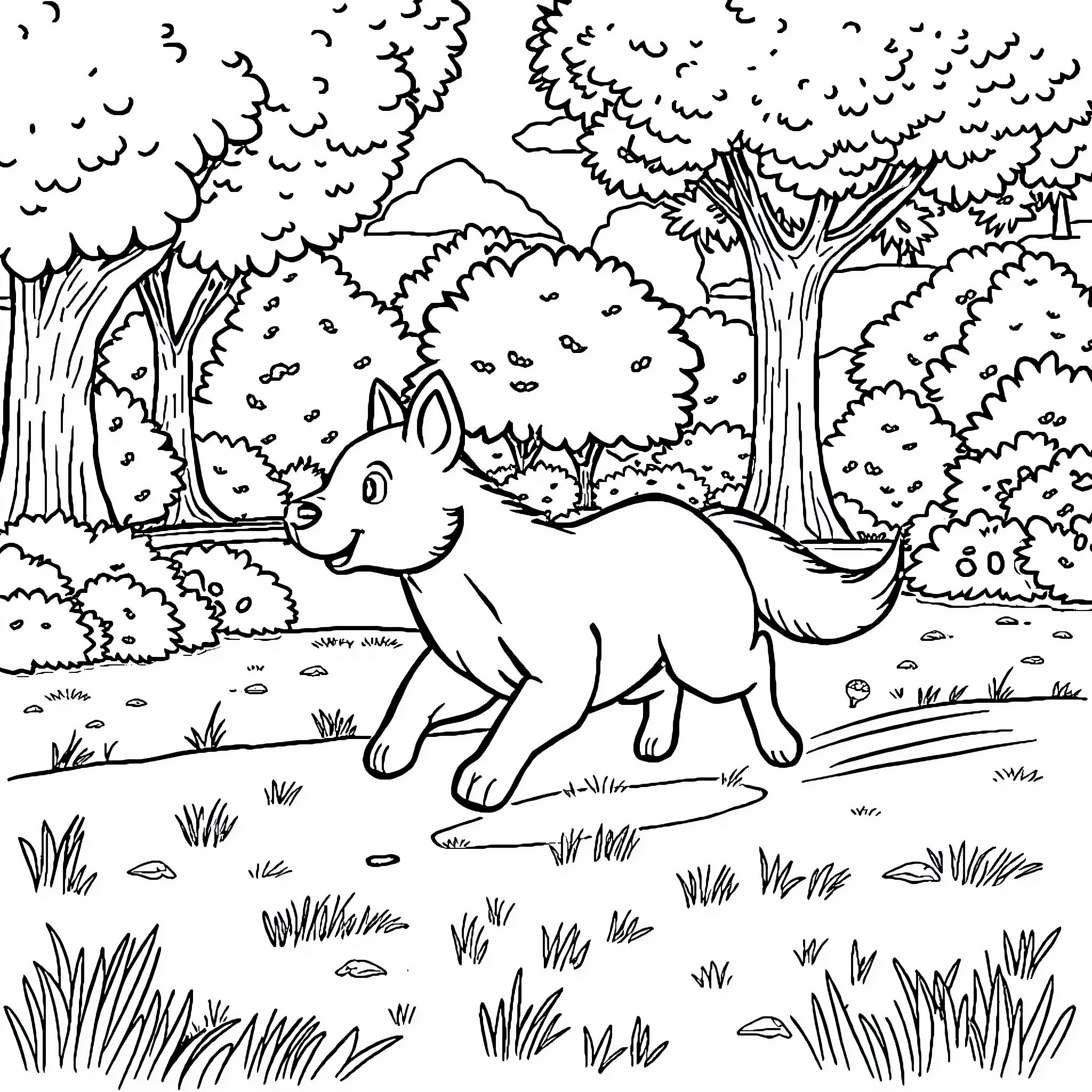 Animal exploring the forest scenery Coloring Page (free black-and-white line drawing printable PDF for all, from beginners to advanced learners, including children, teens, adults, and seniors)