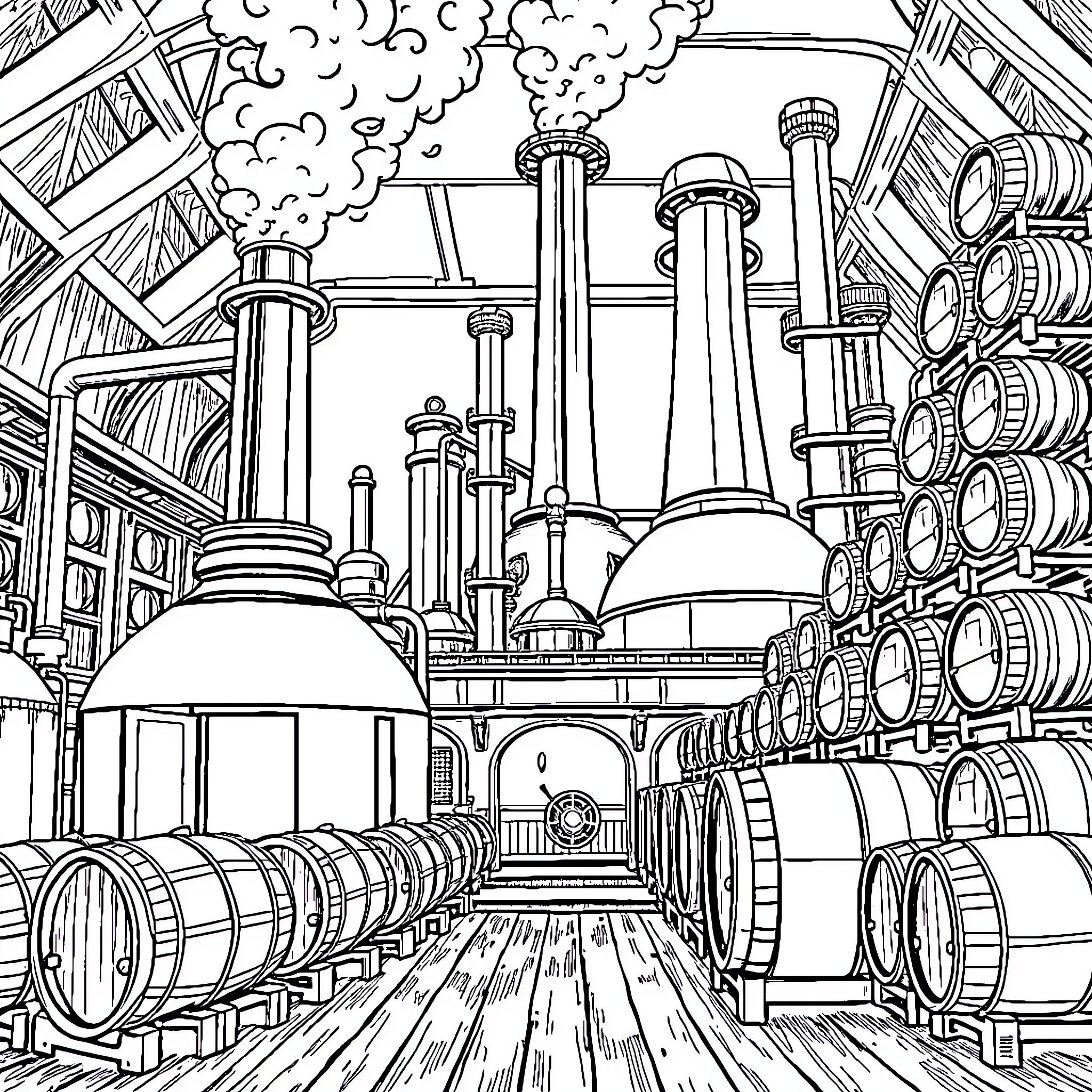Whisky Distillery's Intricate Interior Coloring Page (free black-and-white line drawing printable PDF for all, from beginners to advanced learners, including children, teens, adults, and seniors)