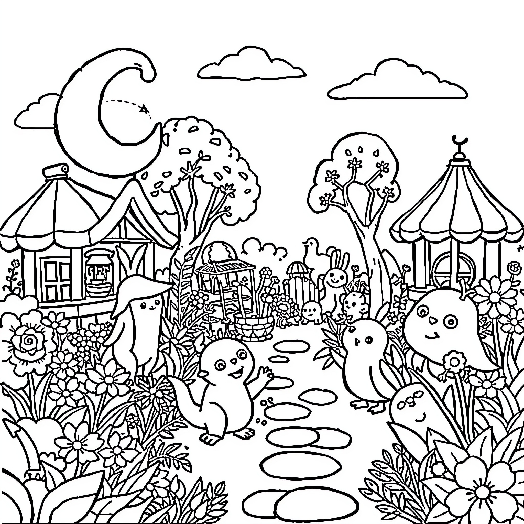 Garten of Banban: Whimsical scene with playful creatures Coloring Page (free black-and-white line drawing printable PDF for all, from beginners to advanced learners, including children, teens, adults, and seniors)