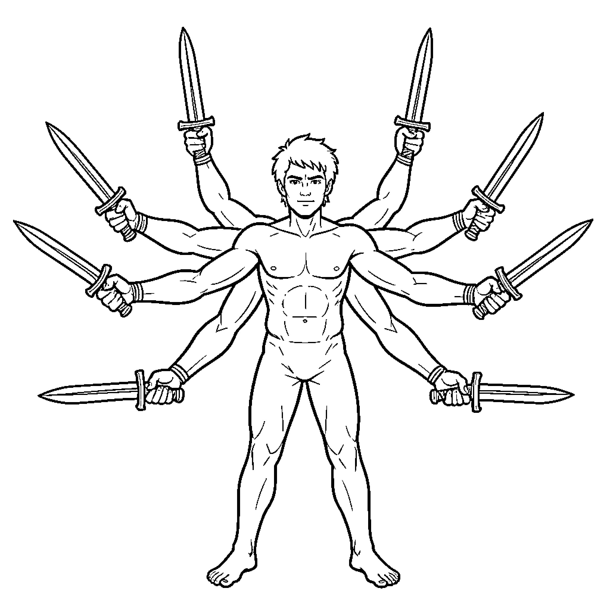 Person with multiple arms holding several swords Coloring Page (free black-and-white line drawing printable PDF for all, from beginners to advanced learners, including children, teens, adults, and seniors)