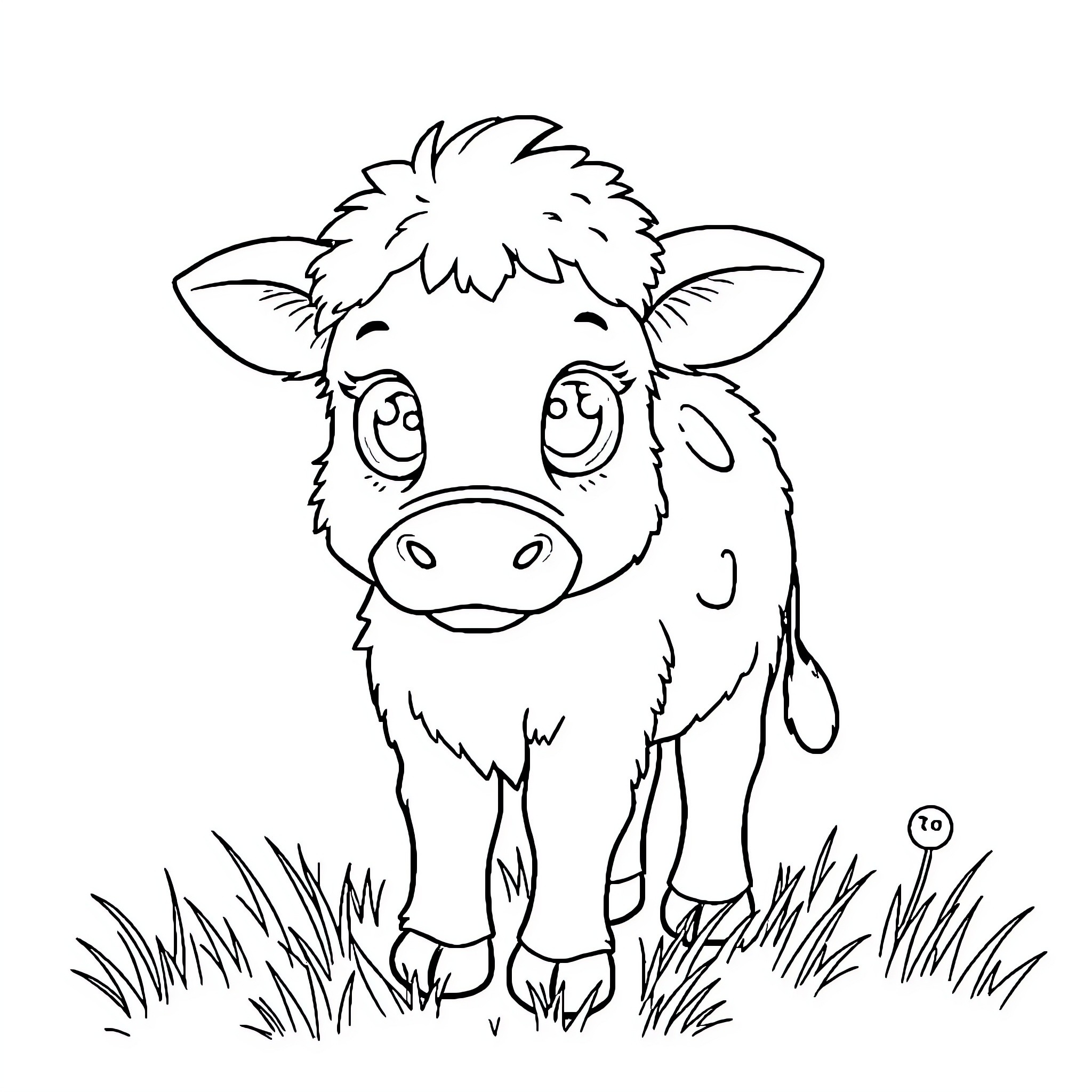 Cow with a quirky expression in a grassy field Coloring Page (free black-and-white line drawing printable PDF for all, from beginners to advanced learners, including children, teens, adults, and seniors)