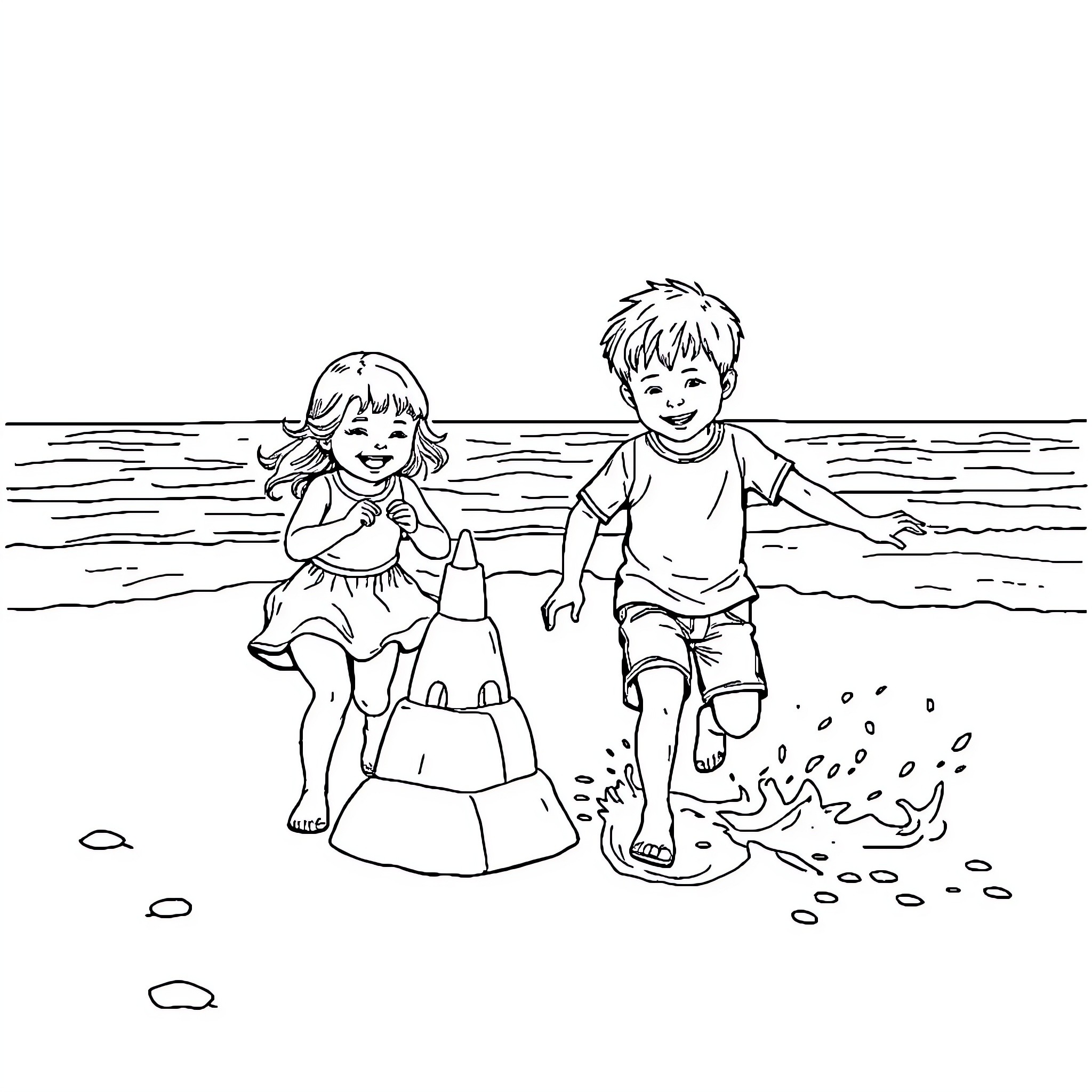 Enfant enjoying a day at the beach Coloring Page (free black-and-white line drawing printable PDF for all, from beginners to advanced learners, including children, teens, adults, and seniors)