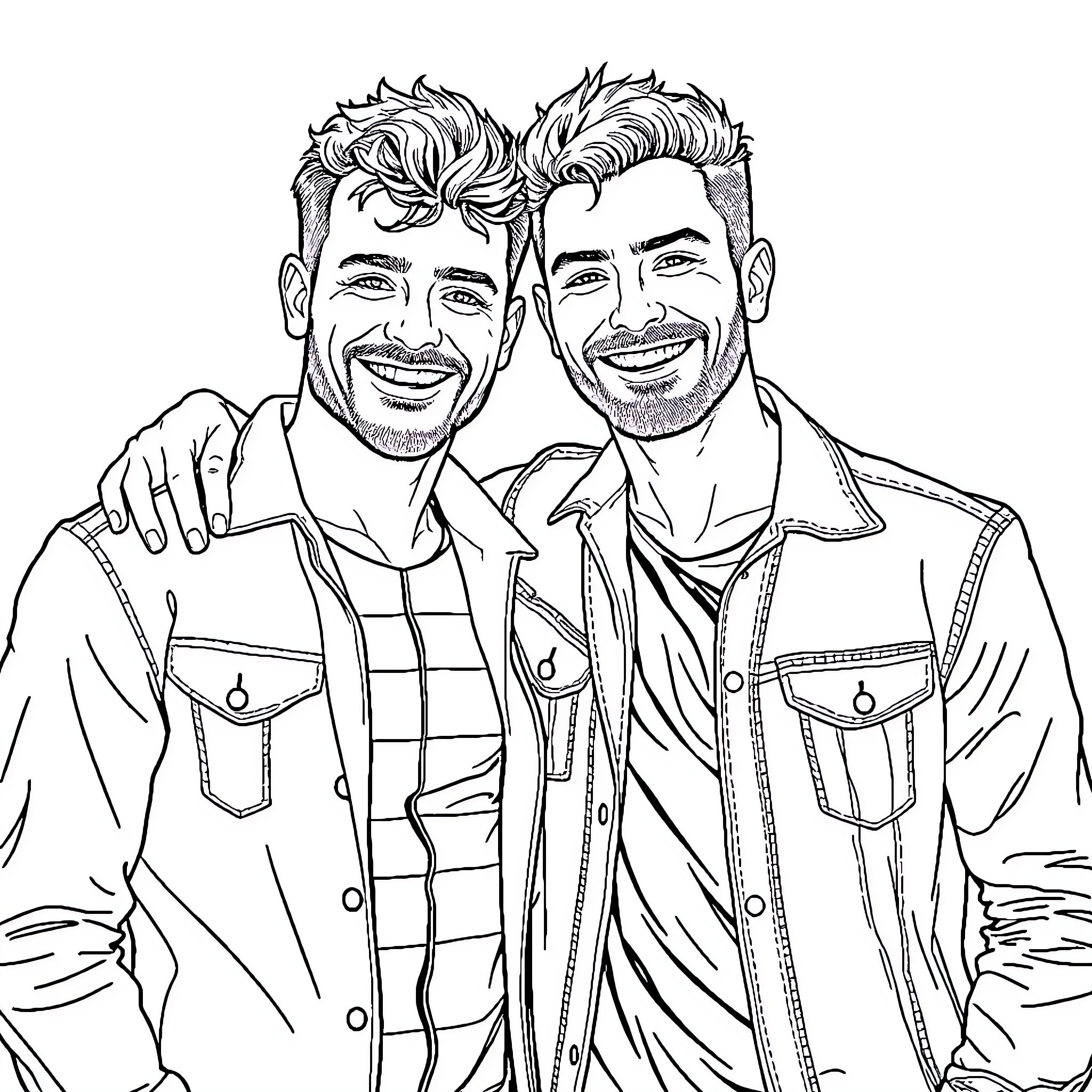 Gay Men Embracing Happily in Casual Attire Coloring Page (free black-and-white line drawing printable PDF for all, from beginners to advanced learners, including children, teens, adults, and seniors)