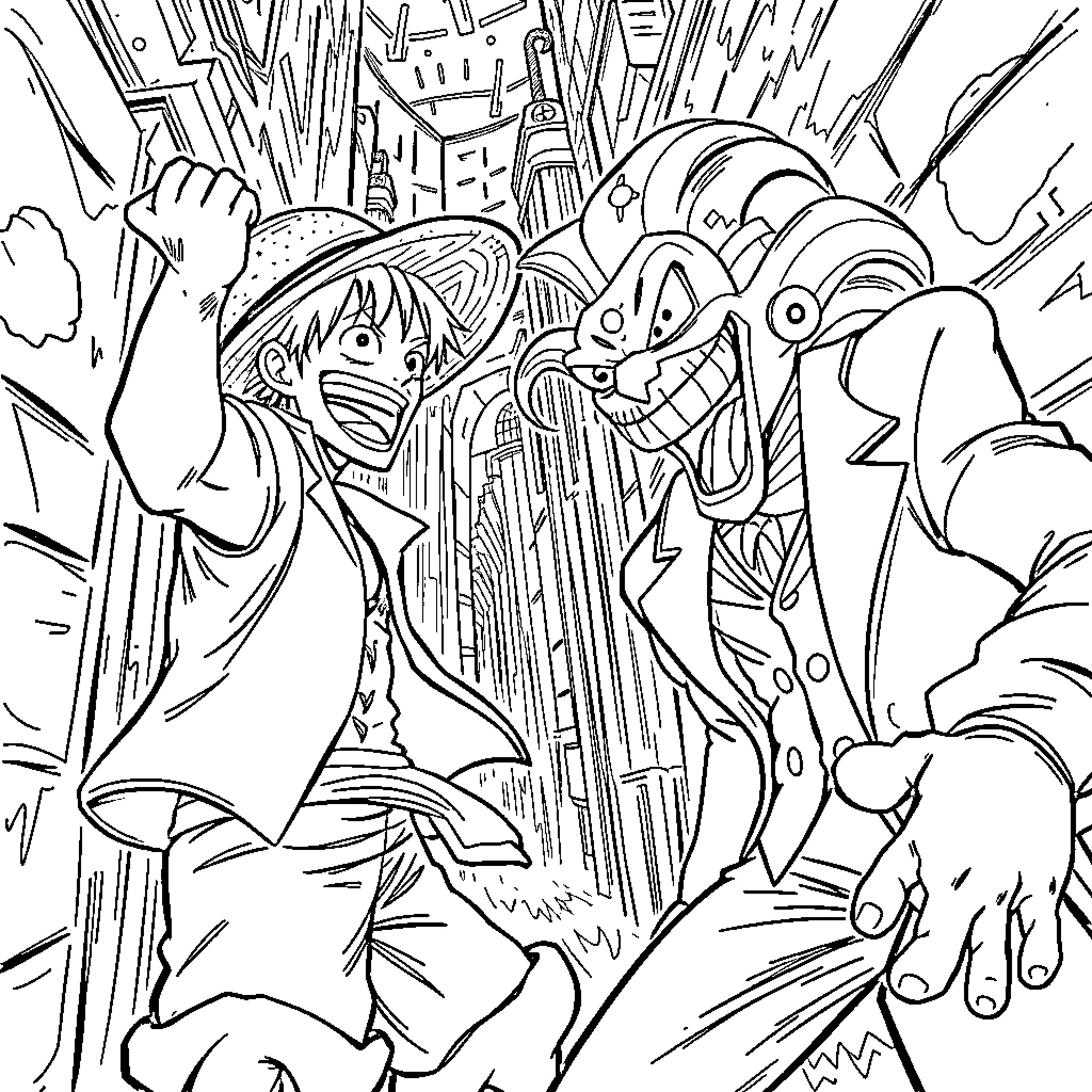 Luffy's Animated Adventure in a Dynamic Scene Coloring Page (free black-and-white line drawing printable PDF for all, from beginners to advanced learners, including children, teens, adults, and seniors)