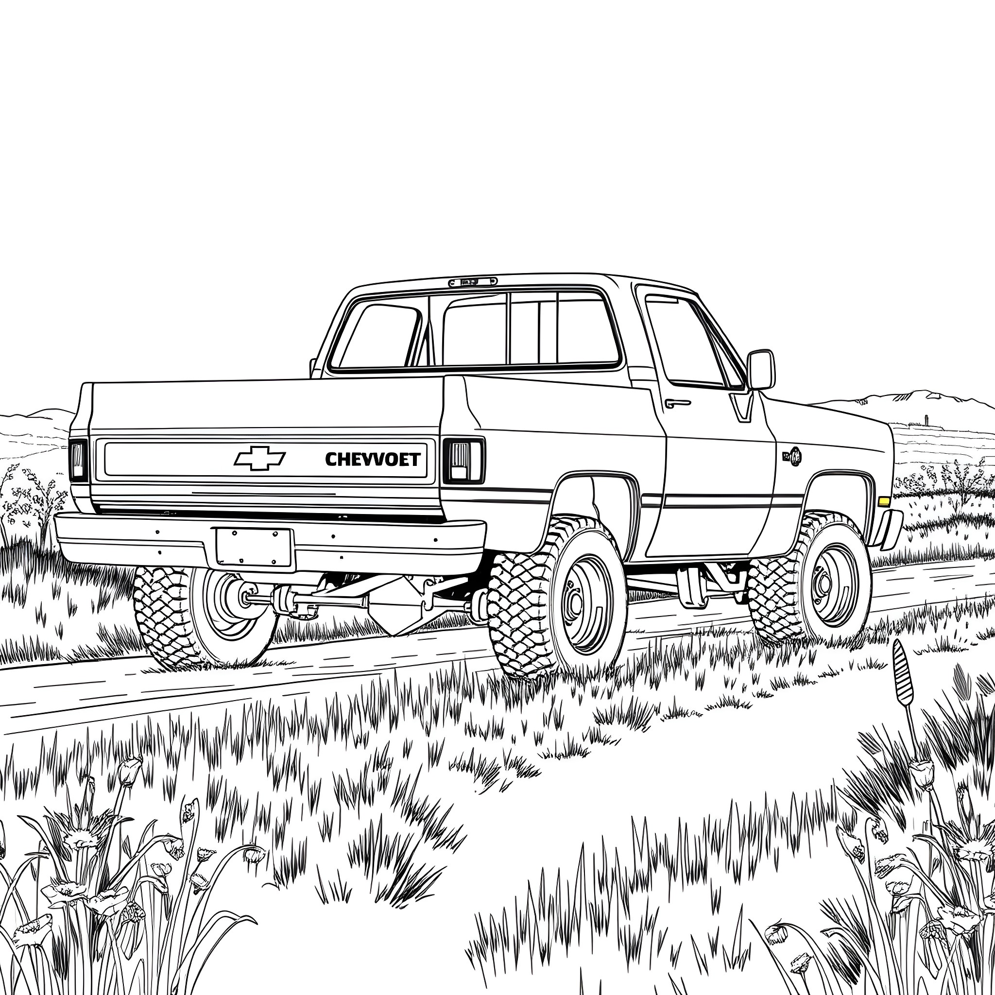 Chevy off-road truck in rugged terrain Coloring Page (free black-and-white line drawing printable PDF for all, from beginners to advanced learners, including children, teens, adults, and seniors)