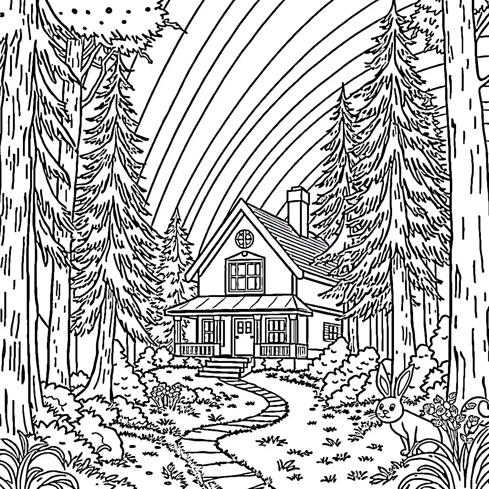 House in a Peaceful Forest Landscape Coloring Page (free black-and-white line drawing printable PDF for all, from beginners to advanced learners, including children, teens, adults, and seniors)