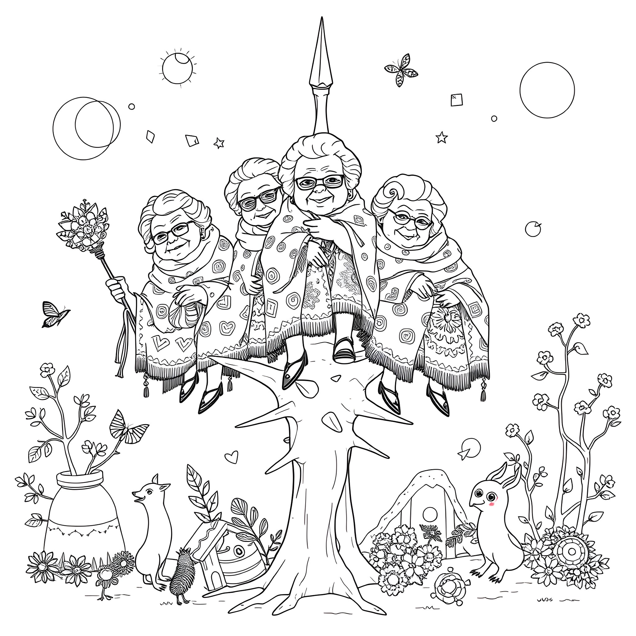 Grandma's joyful gathering in a whimsical garden Coloring Page (free black-and-white line drawing printable PDF for all, from beginners to advanced learners, including children, teens, adults, and seniors)