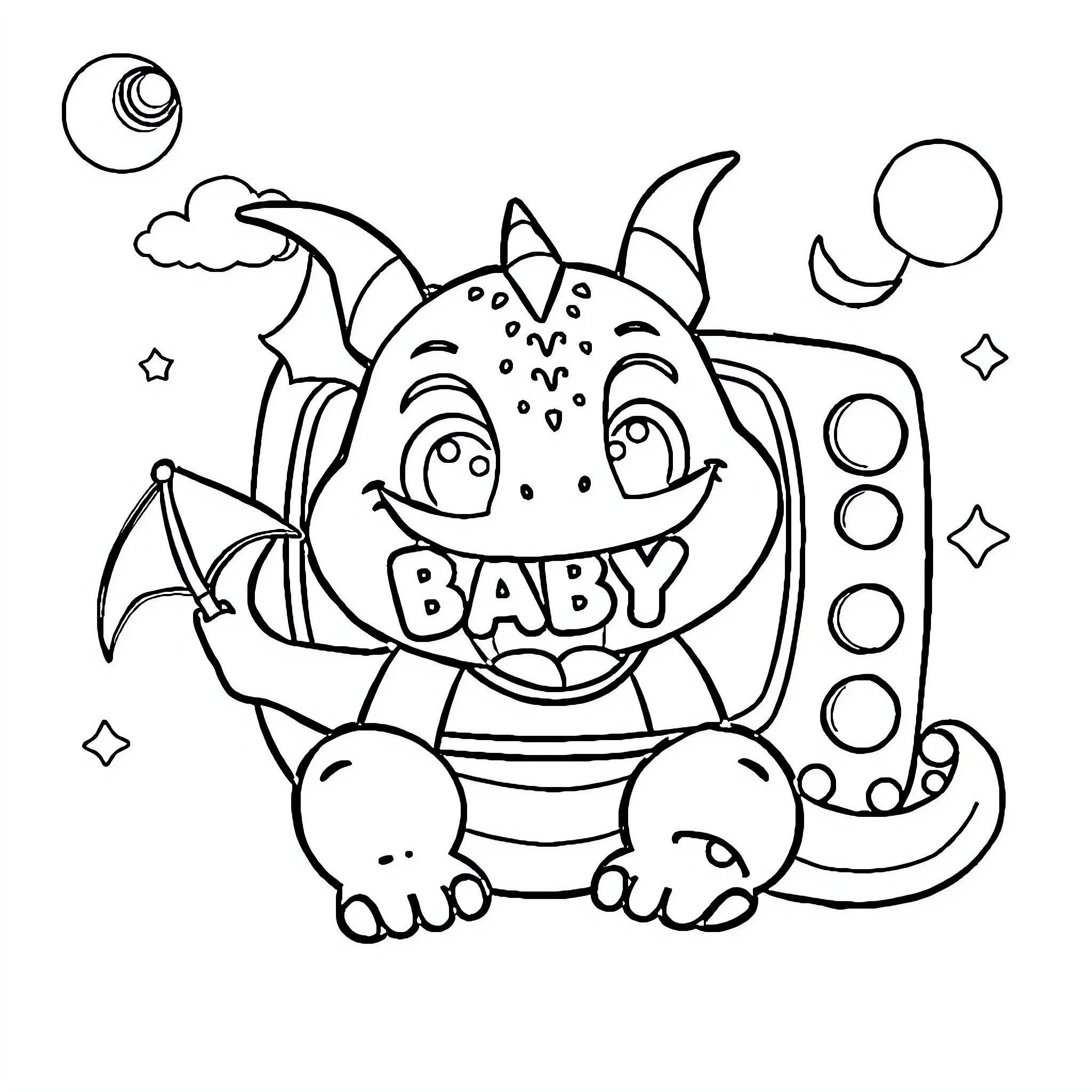 Draco Baby Monsters Playing in the Sky Coloring Page (free black-and-white line drawing printable PDF for all, from beginners to advanced learners, including children, teens, adults, and seniors)