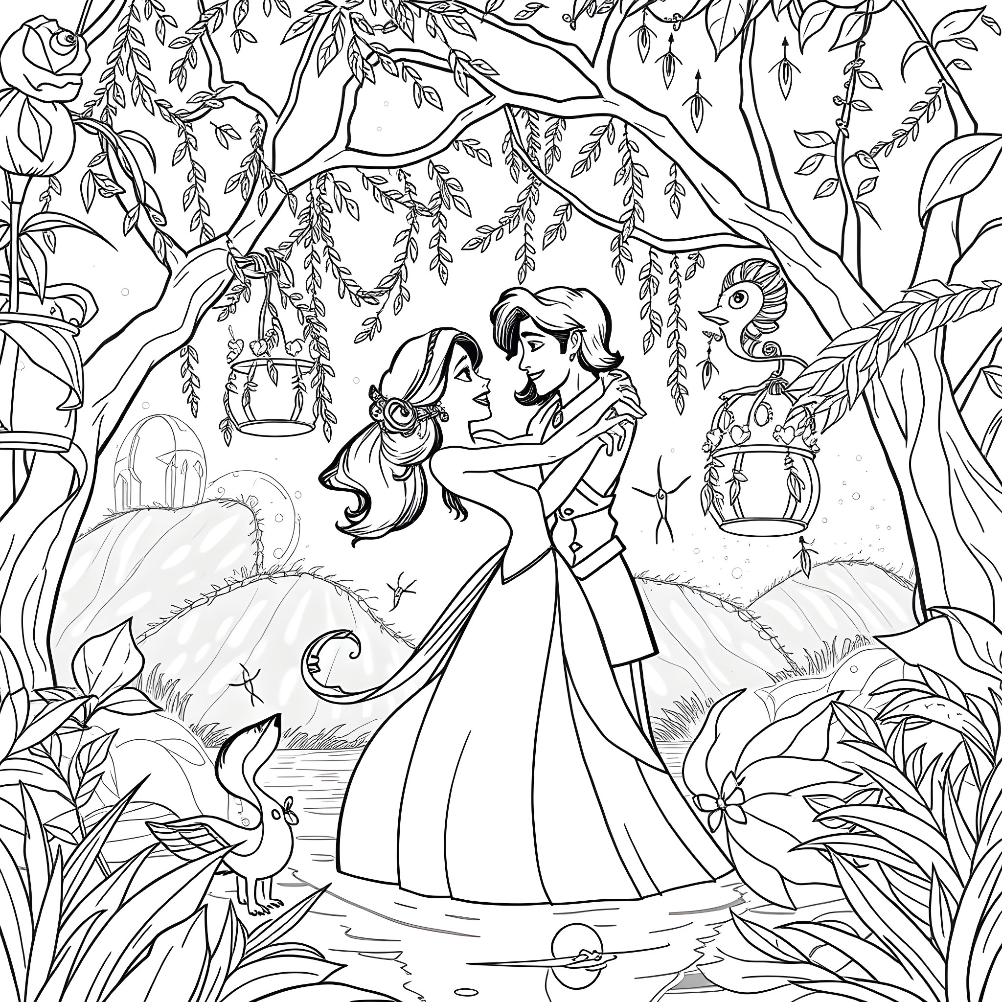 Tiana's Enchanted Embrace in the Magical Forest Coloring Page (free black-and-white line drawing printable PDF for all, from beginners to advanced learners, including children, teens, adults, and seniors)