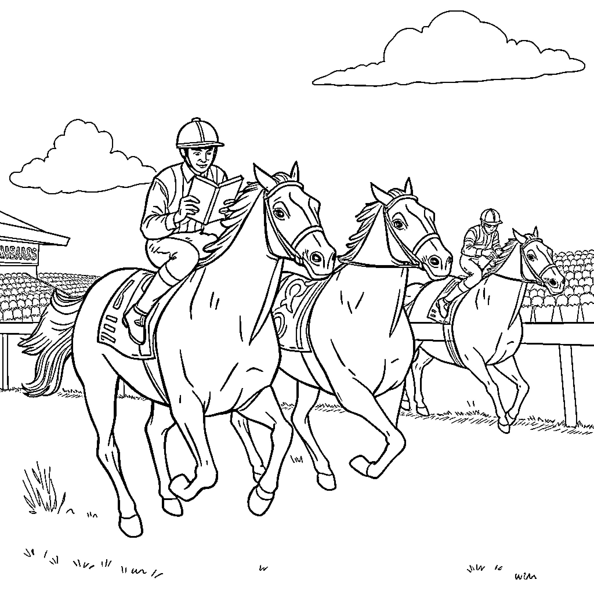 Jockey riding horses at the racetrack Coloring Page (free black-and-white line drawing printable PDF for all, from beginners to advanced learners, including children, teens, adults, and seniors)
