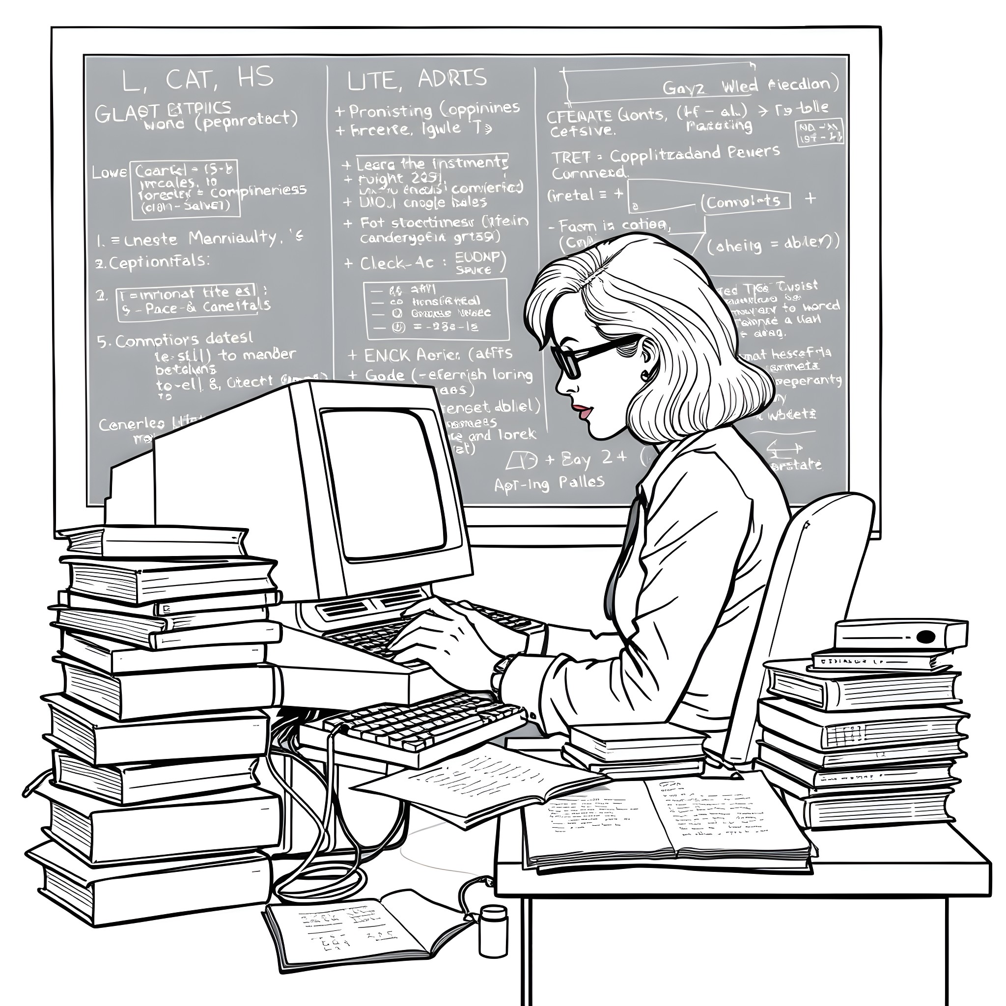 Grace Hopper working diligently at her desk Coloring Page (free black-and-white line drawing printable PDF for all, from beginners to advanced learners, including children, teens, adults, and seniors)