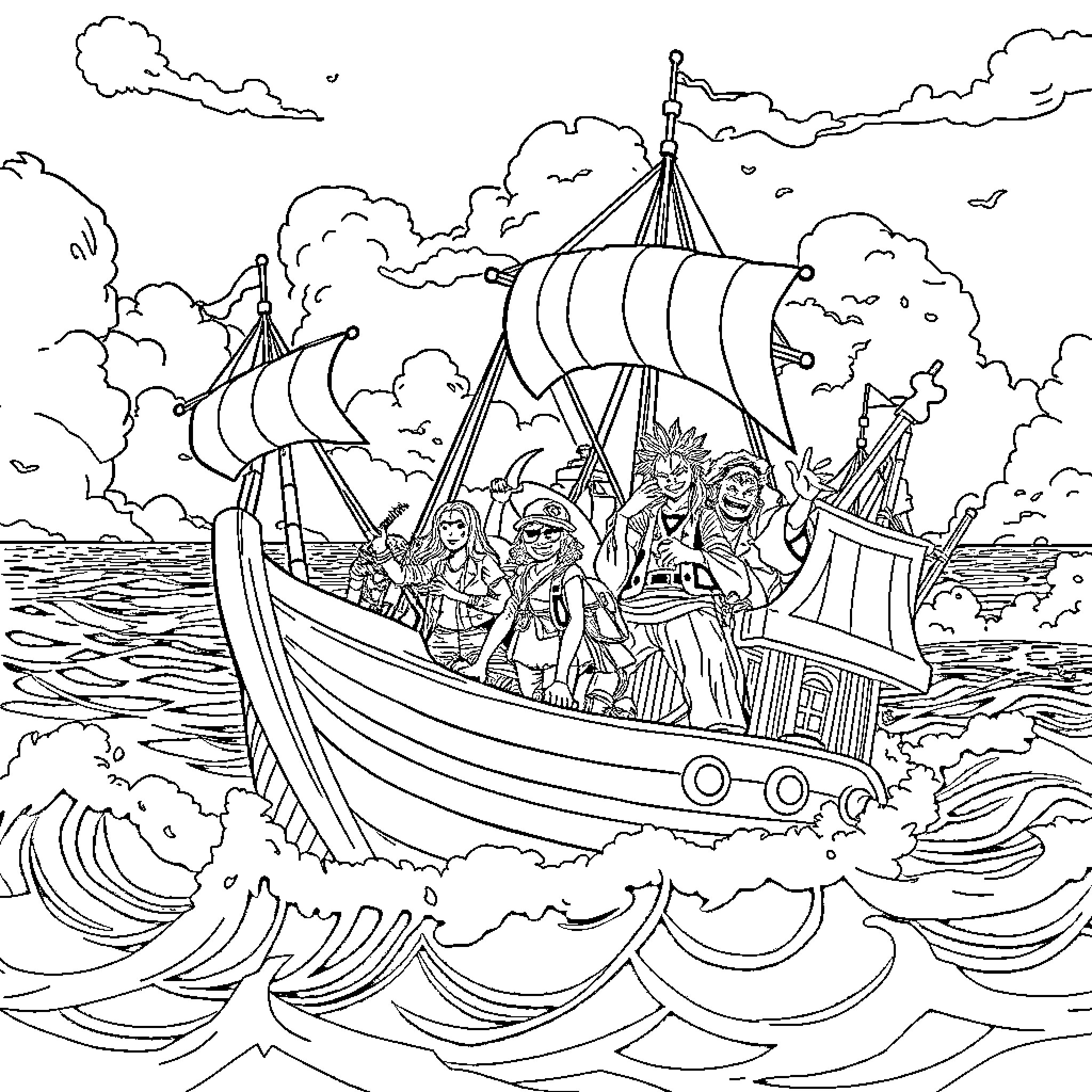 One Piece Pirate Crew Sailing on the High Seas Coloring Page (free black-and-white line drawing printable PDF for all, from beginners to advanced learners, including children, teens, adults, and seniors)