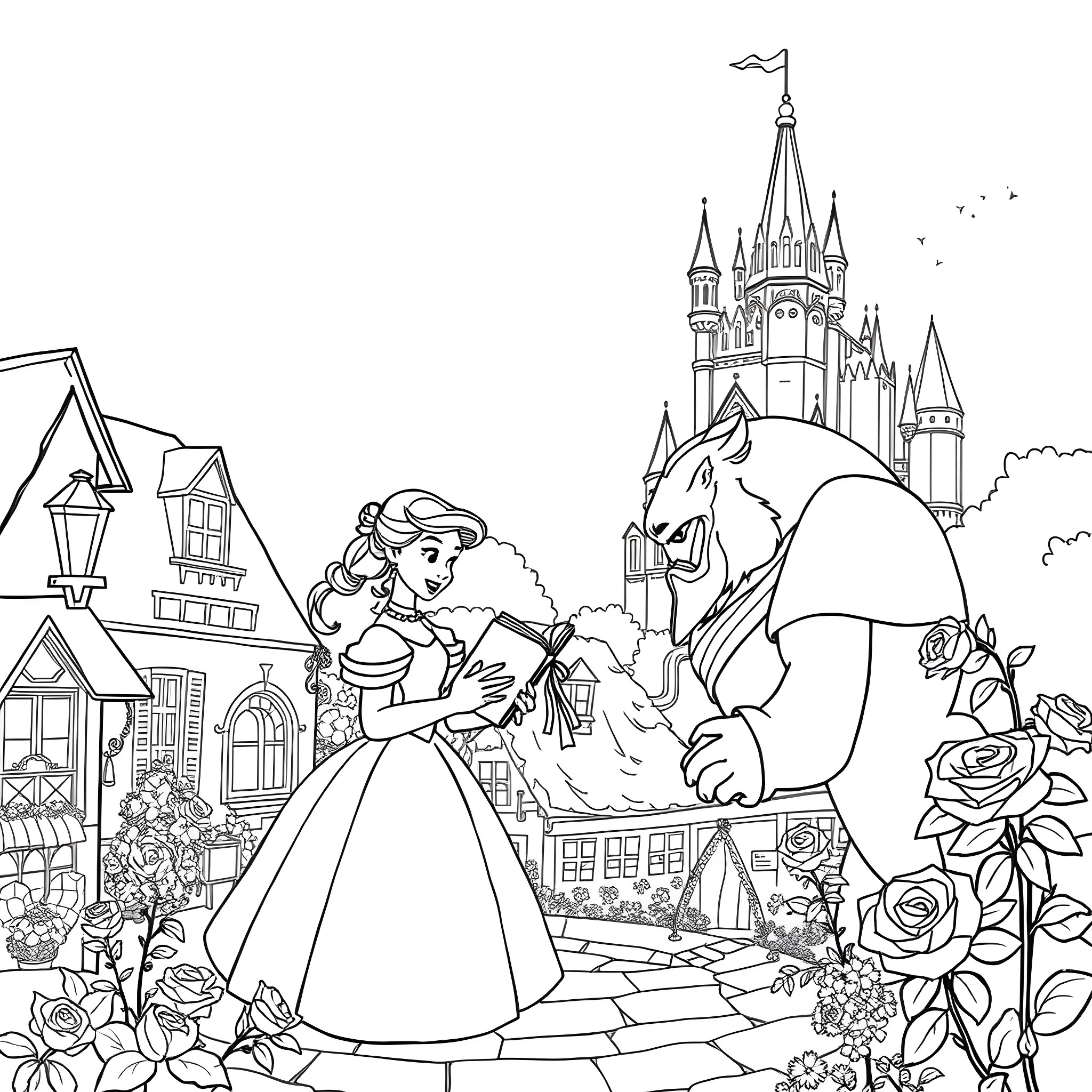 Beauty And The Beast - Enchanting Encounter in the Fairy Tale Town Coloring Page (free black-and-white line drawing printable PDF for all, from beginners to advanced learners, including children, teens, adults, and seniors)