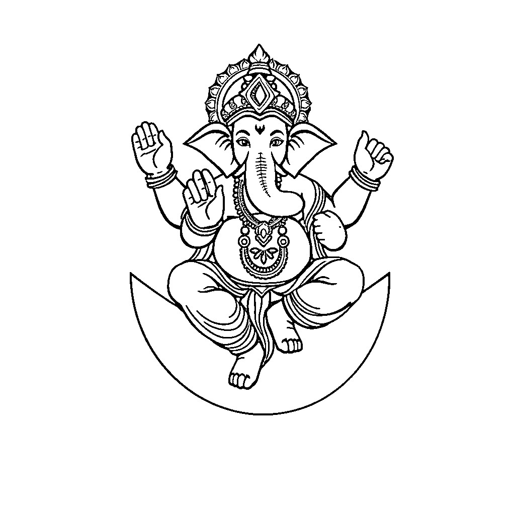 Ganpati idol with ornate crown and hands in blessing gesture Coloring Page (free black-and-white line drawing printable PDF for all, from beginners to advanced learners, including children, teens, adults, and seniors)