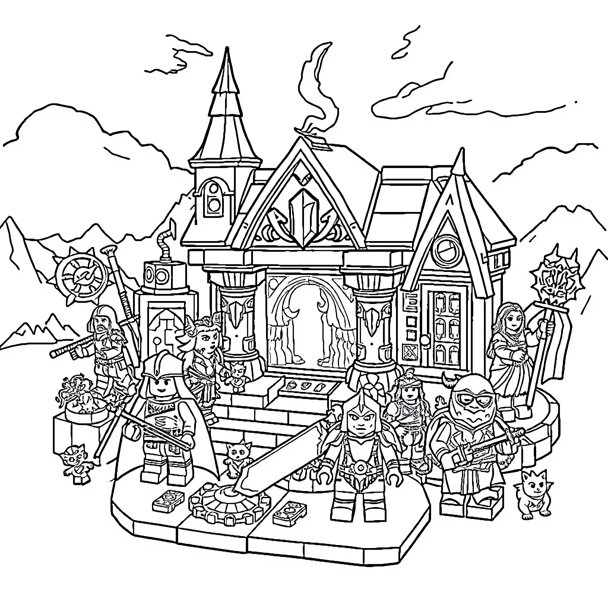 World of Warcraft: Adventurers Gather at Enchanted Castle Coloring Page (free black-and-white line drawing printable PDF for all, from beginners to advanced learners, including children, teens, adults, and seniors)