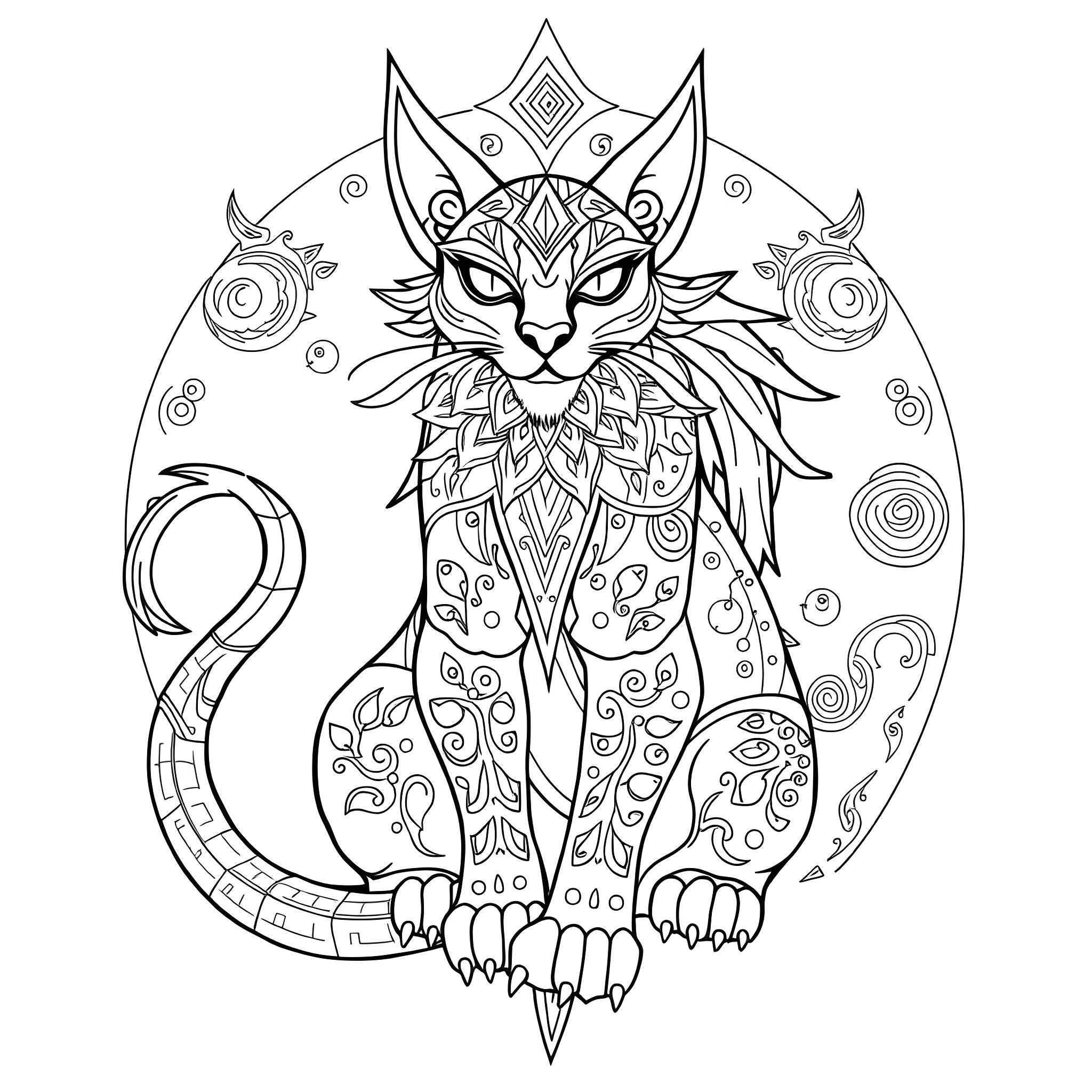 Mishipeshu - Ornate Feline Guardian in Geometric Frame Coloring Page (free black-and-white line drawing printable PDF for all, from beginners to advanced learners, including children, teens, adults, and seniors)