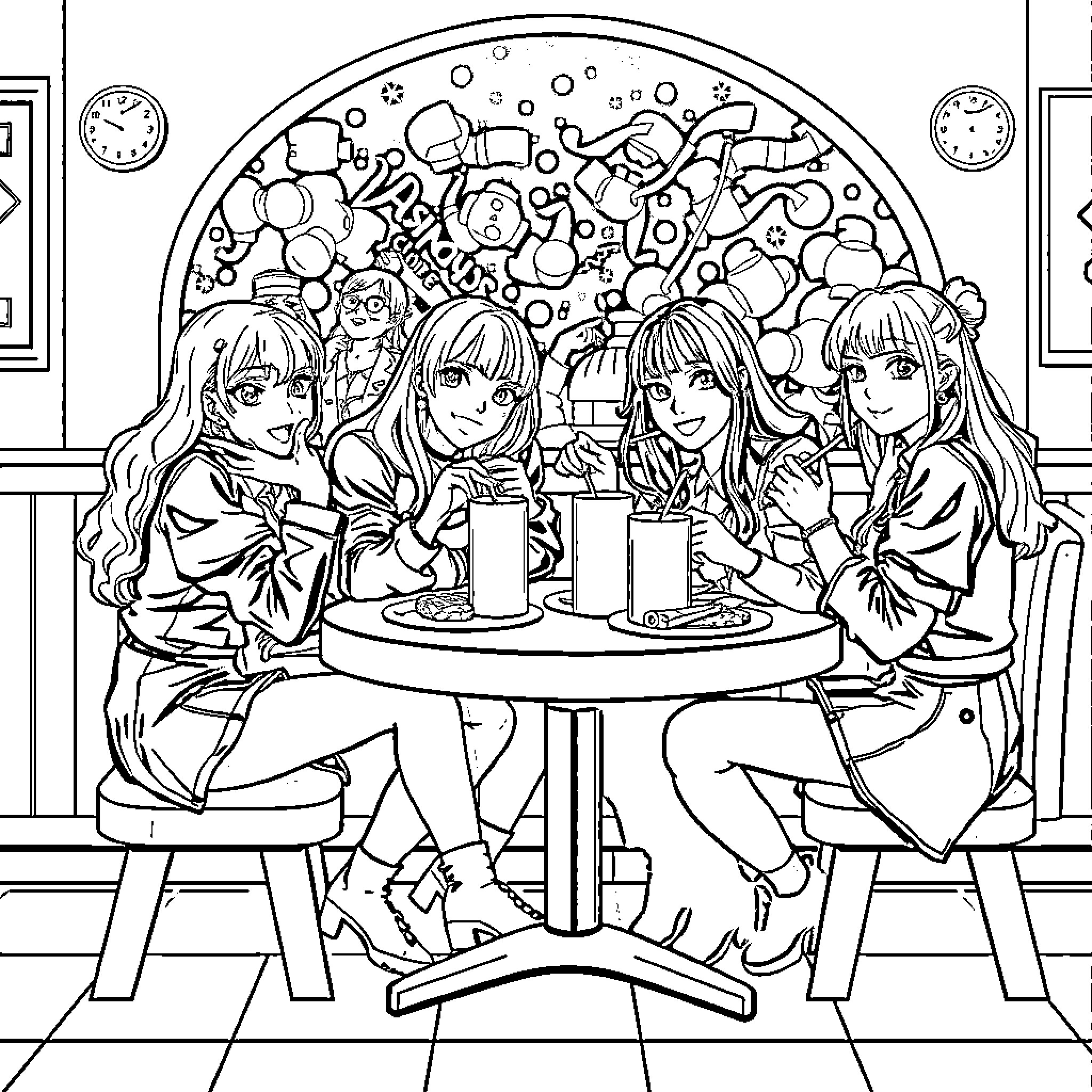 K-pop Girl Group Enjoying Coffee and Snacks Together Coloring Page (free black-and-white line drawing printable PDF for all, from beginners to advanced learners, including children, teens, adults, and seniors)
