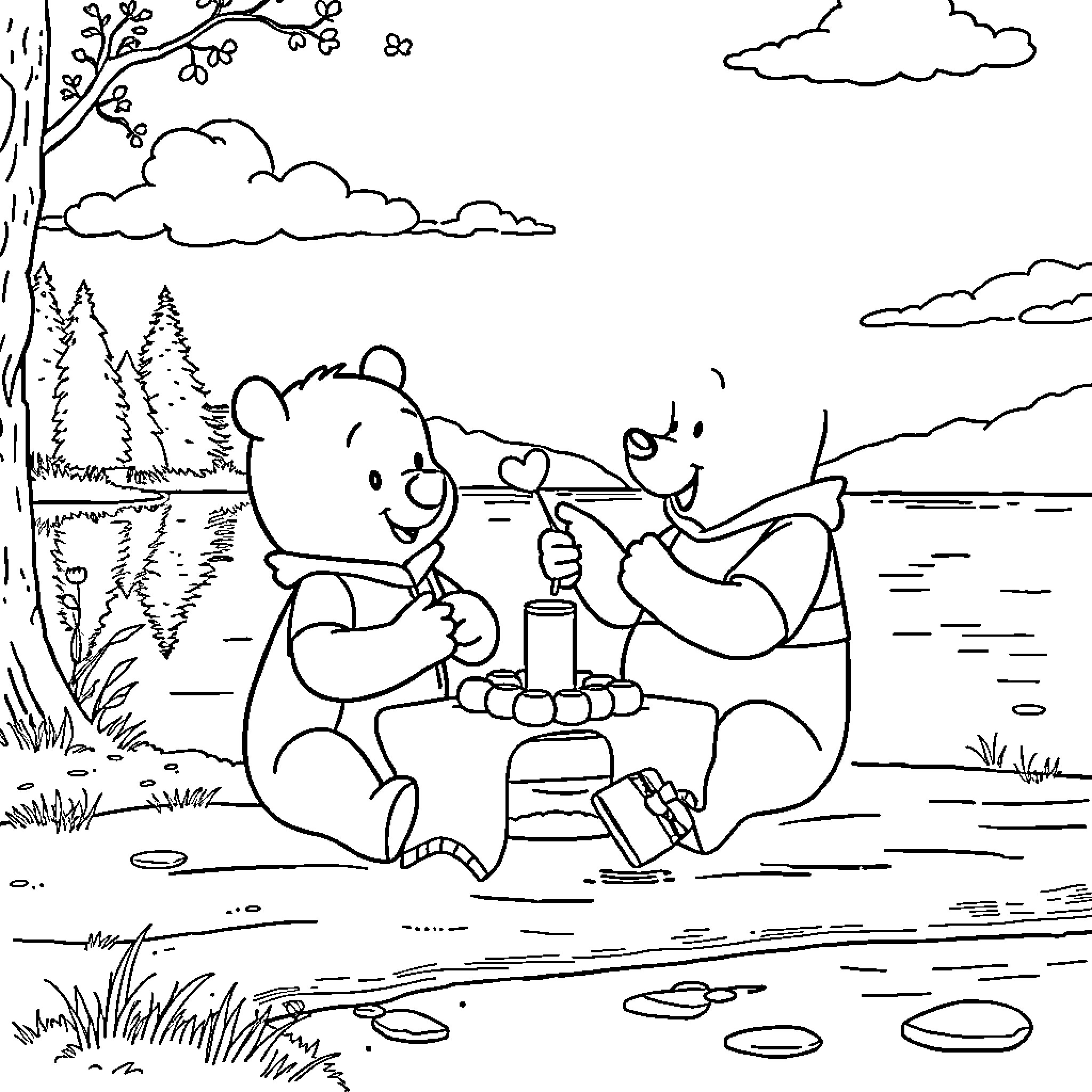 Winnie and Friends Enjoy Picnic by the Lake Coloring Page (free black-and-white line drawing printable PDF for all, from beginners to advanced learners, including children, teens, adults, and seniors)