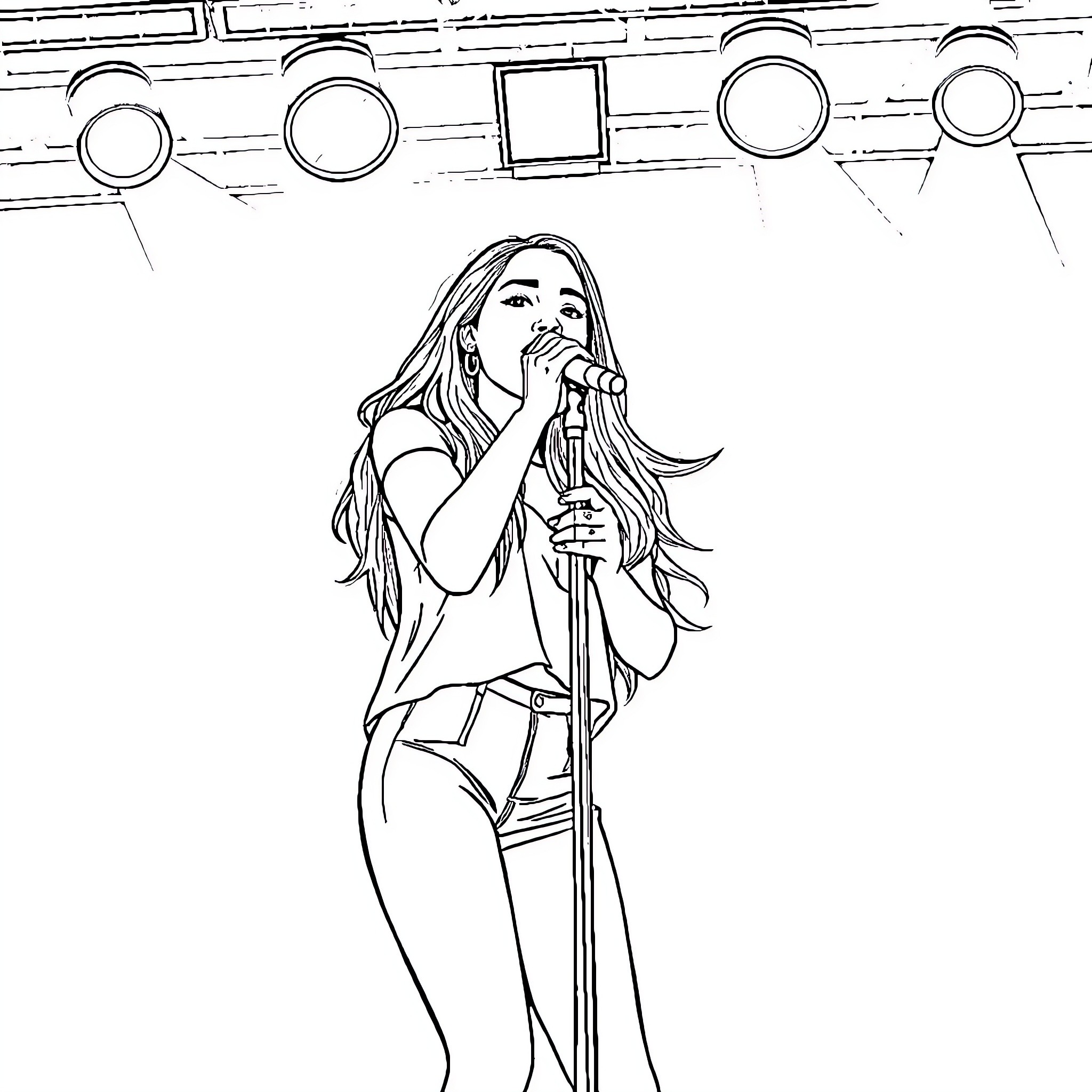 Ariana Grande performing on stage Coloring Page (free black-and-white line drawing printable PDF for all, from beginners to advanced learners, including children, teens, adults, and seniors)
