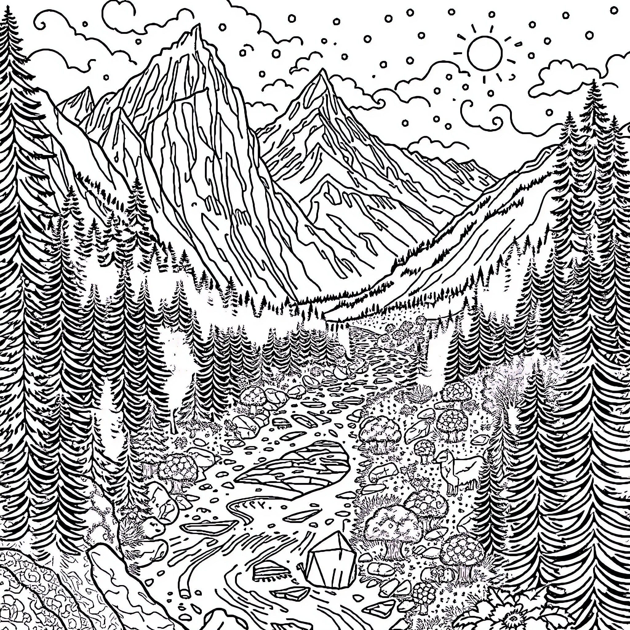 Landscape of Majestic Mountains and Serene Wilderness Coloring Page (free black-and-white line drawing printable PDF for all, from beginners to advanced learners, including children, teens, adults, and seniors)