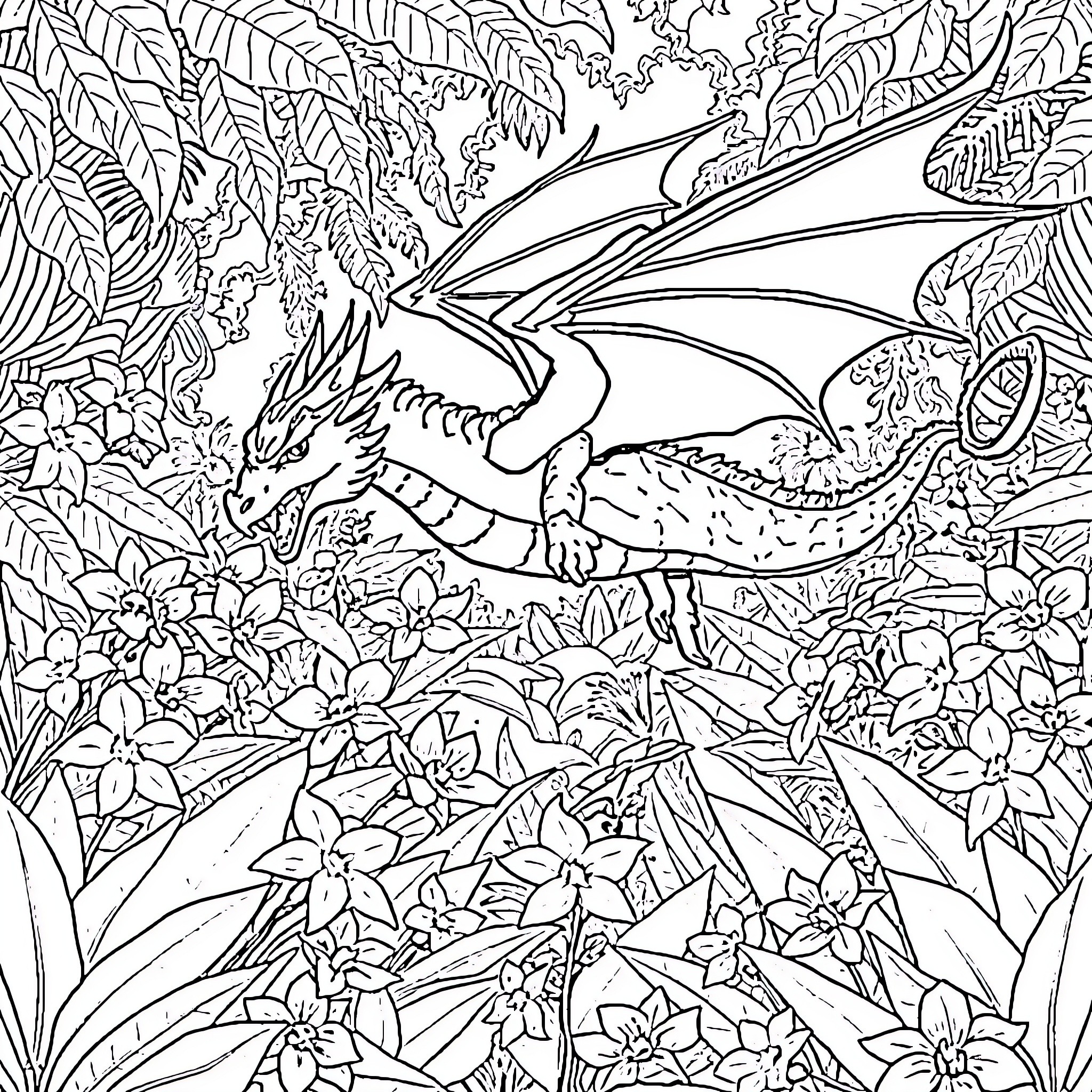 Dragon emerges from lush, floral environment Coloring Page (free black-and-white line drawing printable PDF for all, from beginners to advanced learners, including children, teens, adults, and seniors)