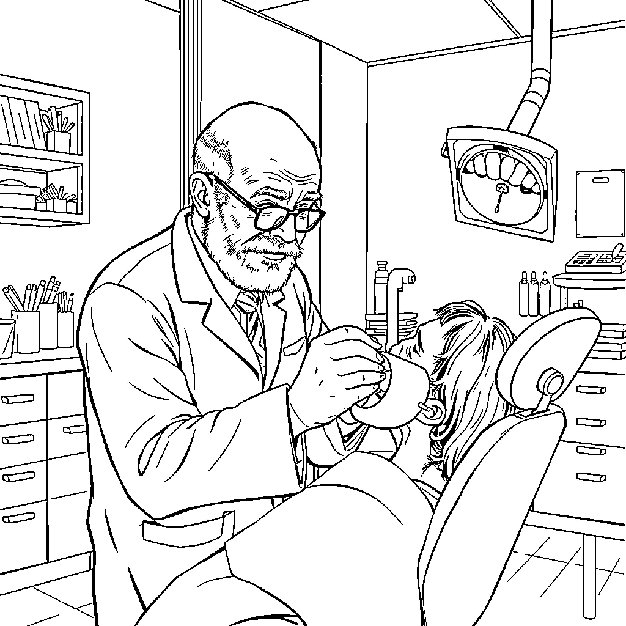 Dentist examining patient's teeth in office Coloring Page (free black-and-white line drawing printable PDF for all, from beginners to advanced learners, including children, teens, adults, and seniors)