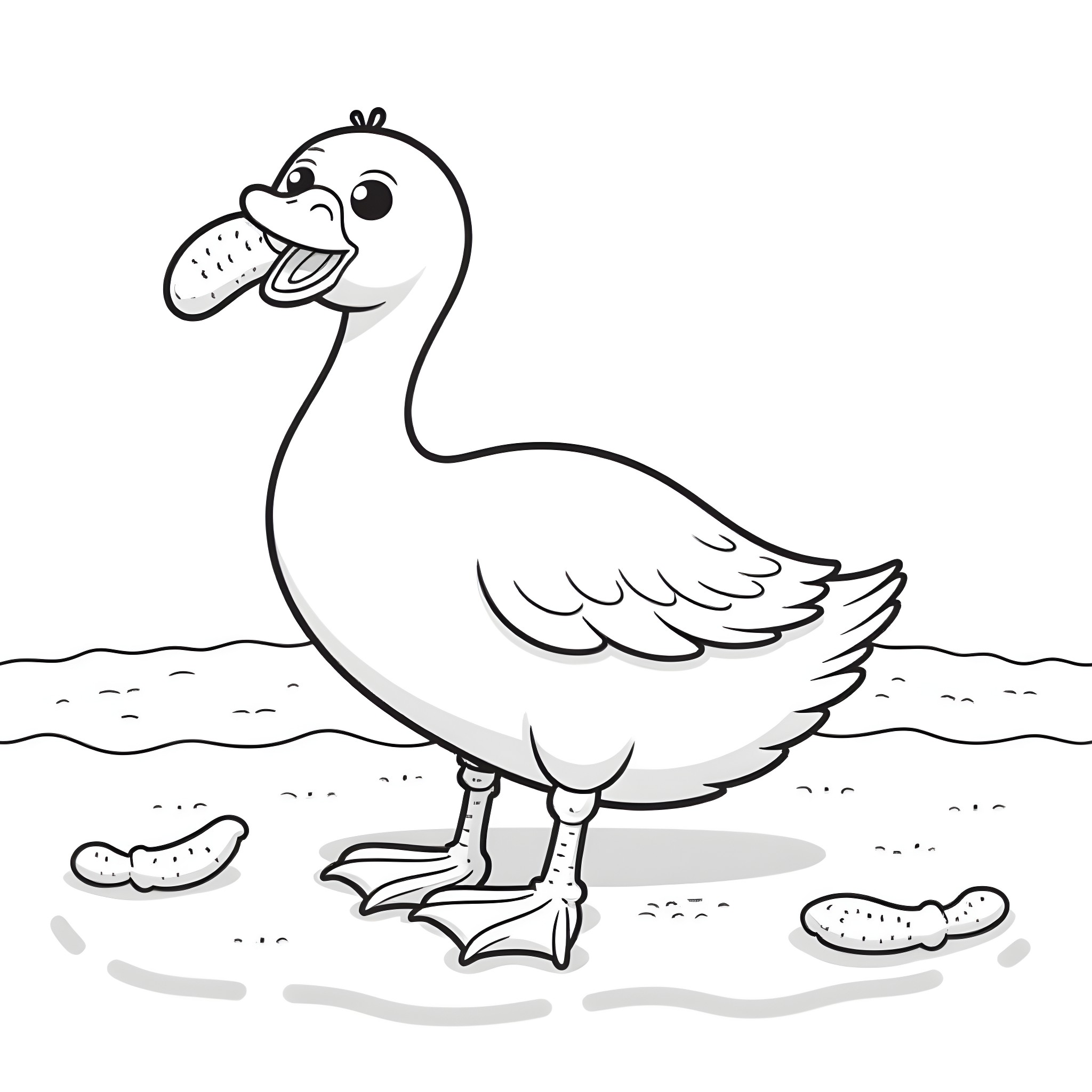 Goose standing on grass happily Coloring Page (free black-and-white line drawing printable PDF for all, from beginners to advanced learners, including children, teens, adults, and seniors)