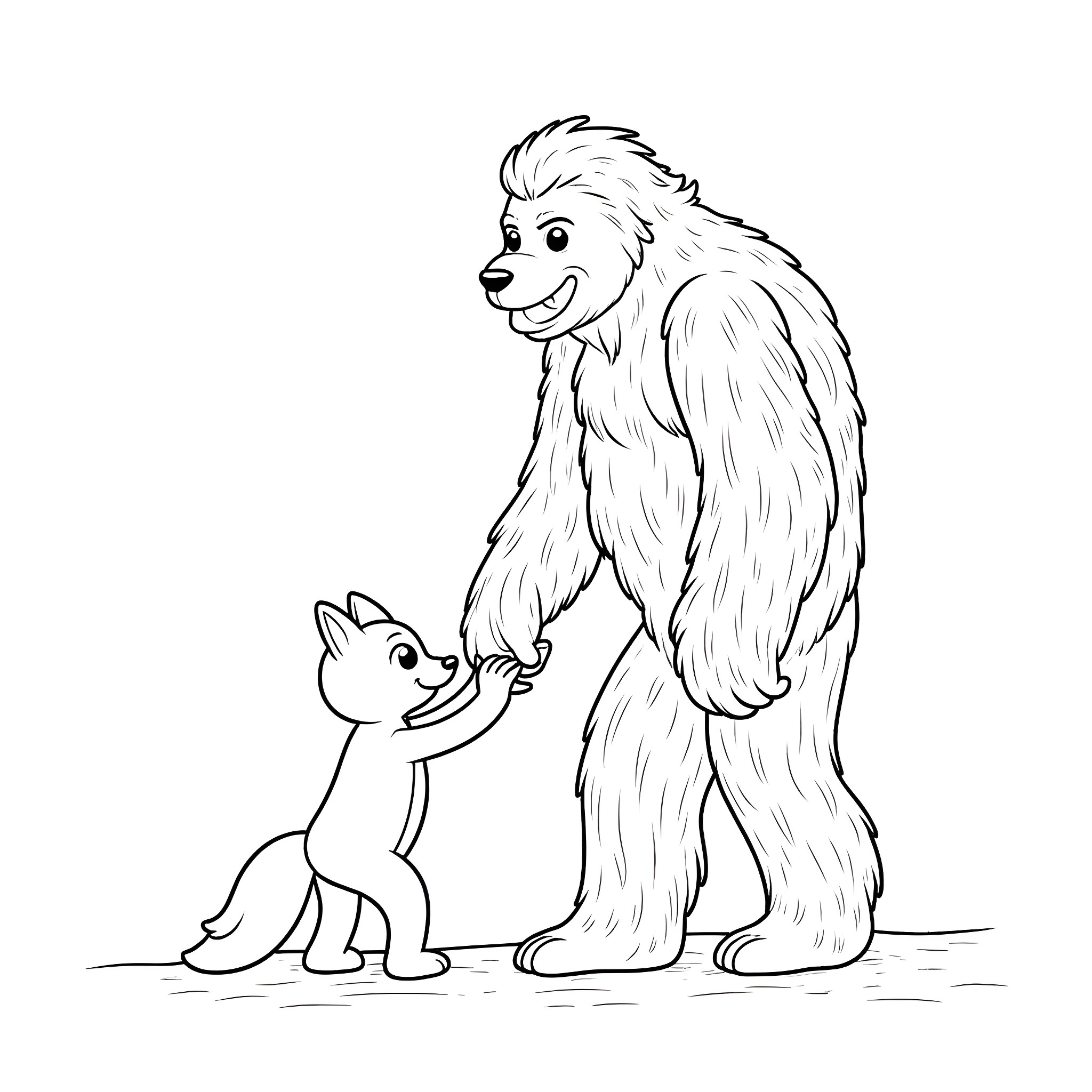 Sasquatch and its Furry Companion Coloring Page (free black-and-white line drawing printable PDF for all, from beginners to advanced learners, including children, teens, adults, and seniors)