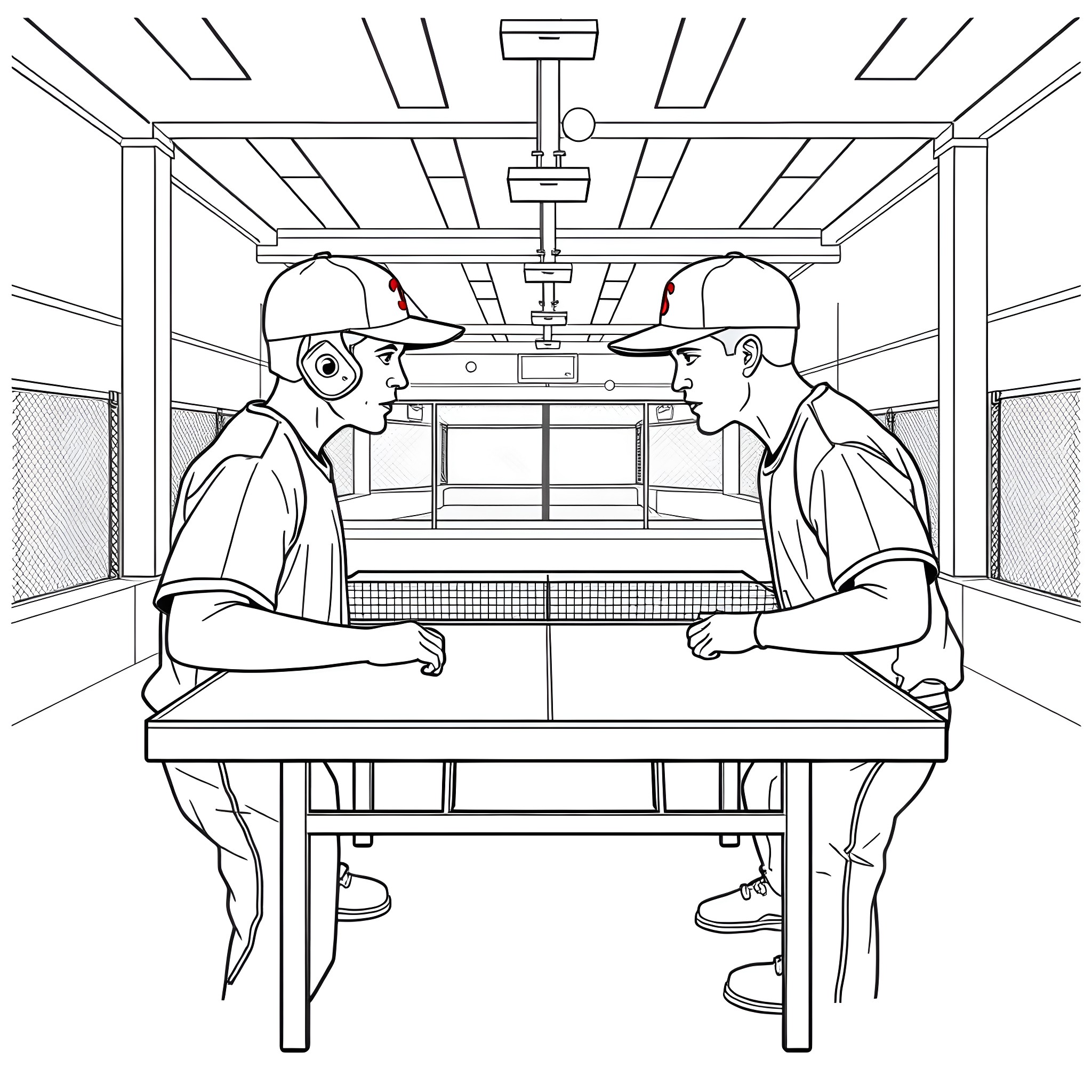 Baseball Players Having a Meeting in the Dugout Coloring Page (free black-and-white line drawing printable PDF for all, from beginners to advanced learners, including children, teens, adults, and seniors)