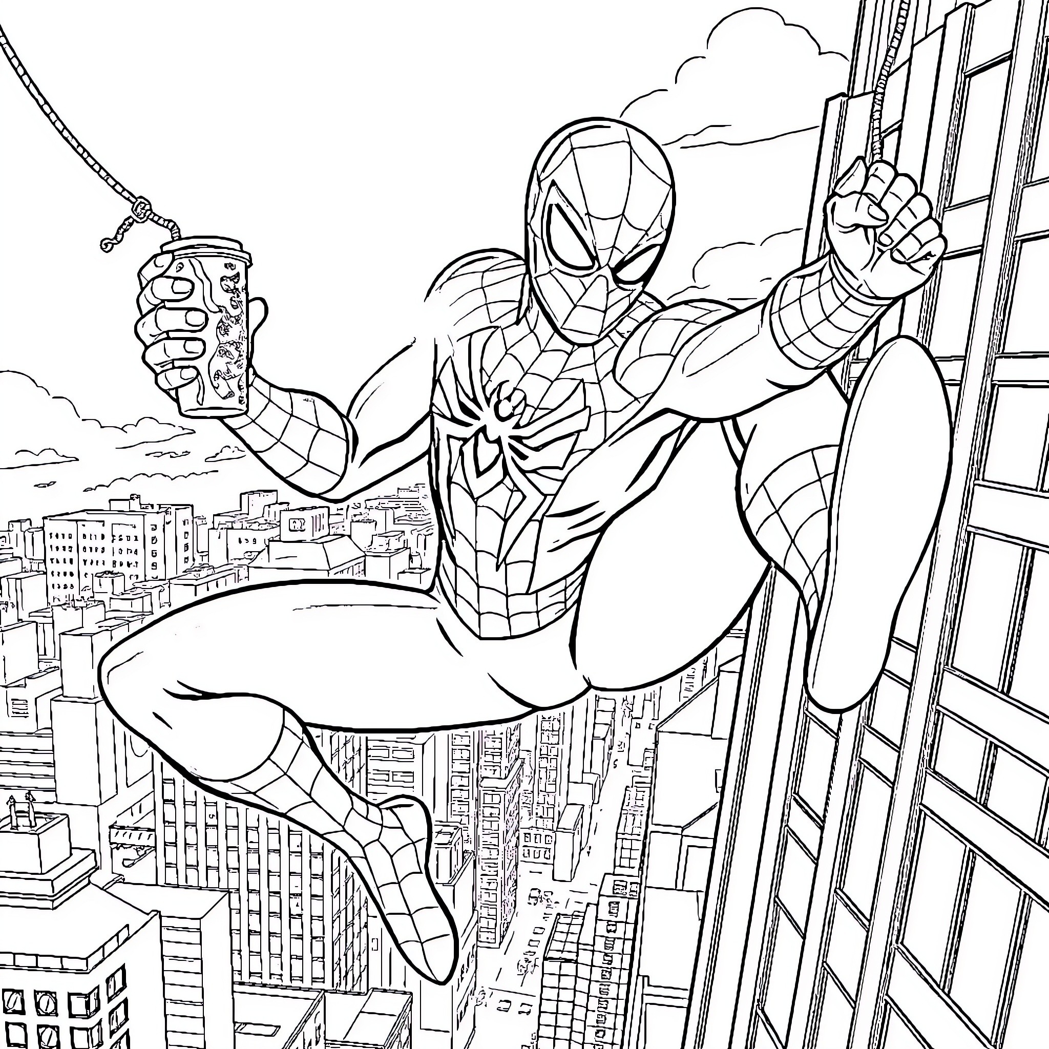 Spiderman swinging through the city skyline Coloring Page (free black-and-white line drawing printable PDF for all, from beginners to advanced learners, including children, teens, adults, and seniors)